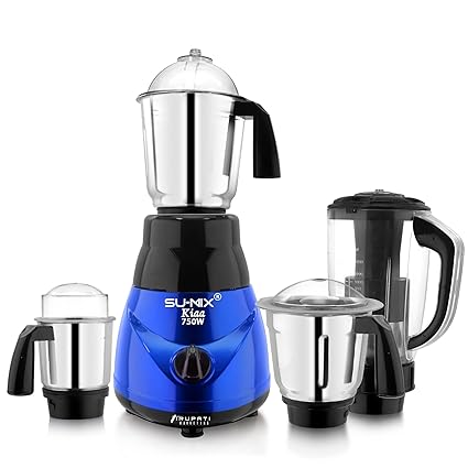 Su-mix New Model Traditional KIAA 750-Watts Mixer Grinder with 3 Stainless Steel Jars and 1 ABS Juicer Jar 4R(Dry Jar, Chutney Jar, Liquid, Juicer Jar) Blue-Black