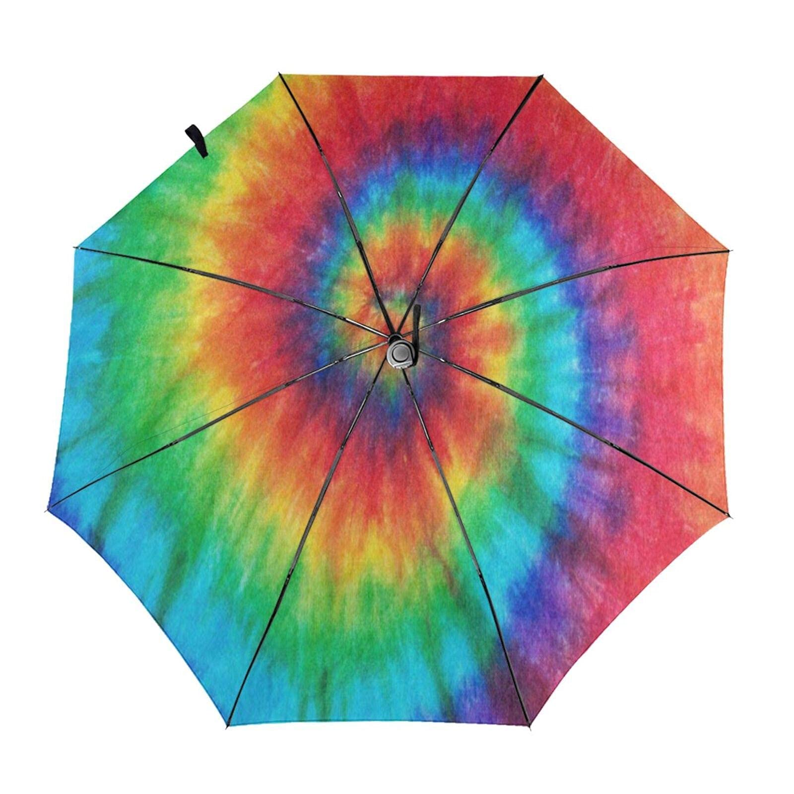 Compact Travel Folding Umbrella Sun Rain Windproof Kids Womens Mens Rainbow Spiral Tie Dye Painting