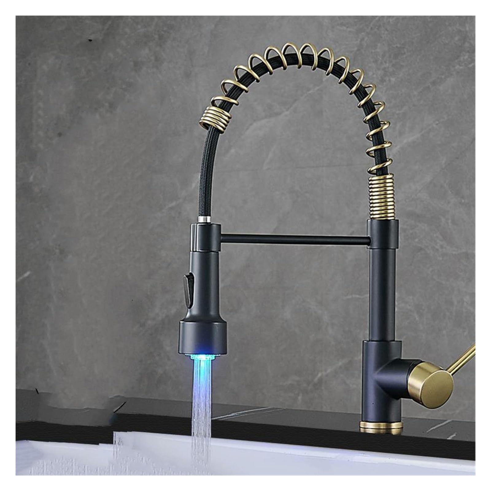 Robinet de cuisine avec douchette LED et ressort en nickel brossé or et noir