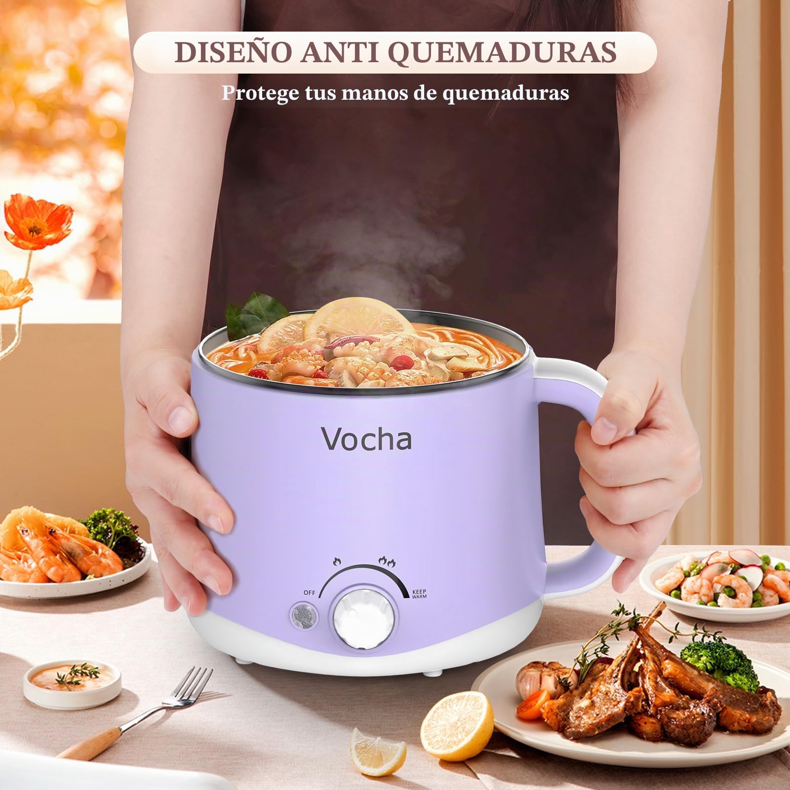 Vocha Olla Eléctrica Recta Pequeña, 1.6L Olla de Cocina Portátil de Antiadherente con Mantener la Función Caliente, 250W/600W Olla de Viaje Multifunción para Sopa/Ramen/Pasta/Huevo/Verdura-Púrpura