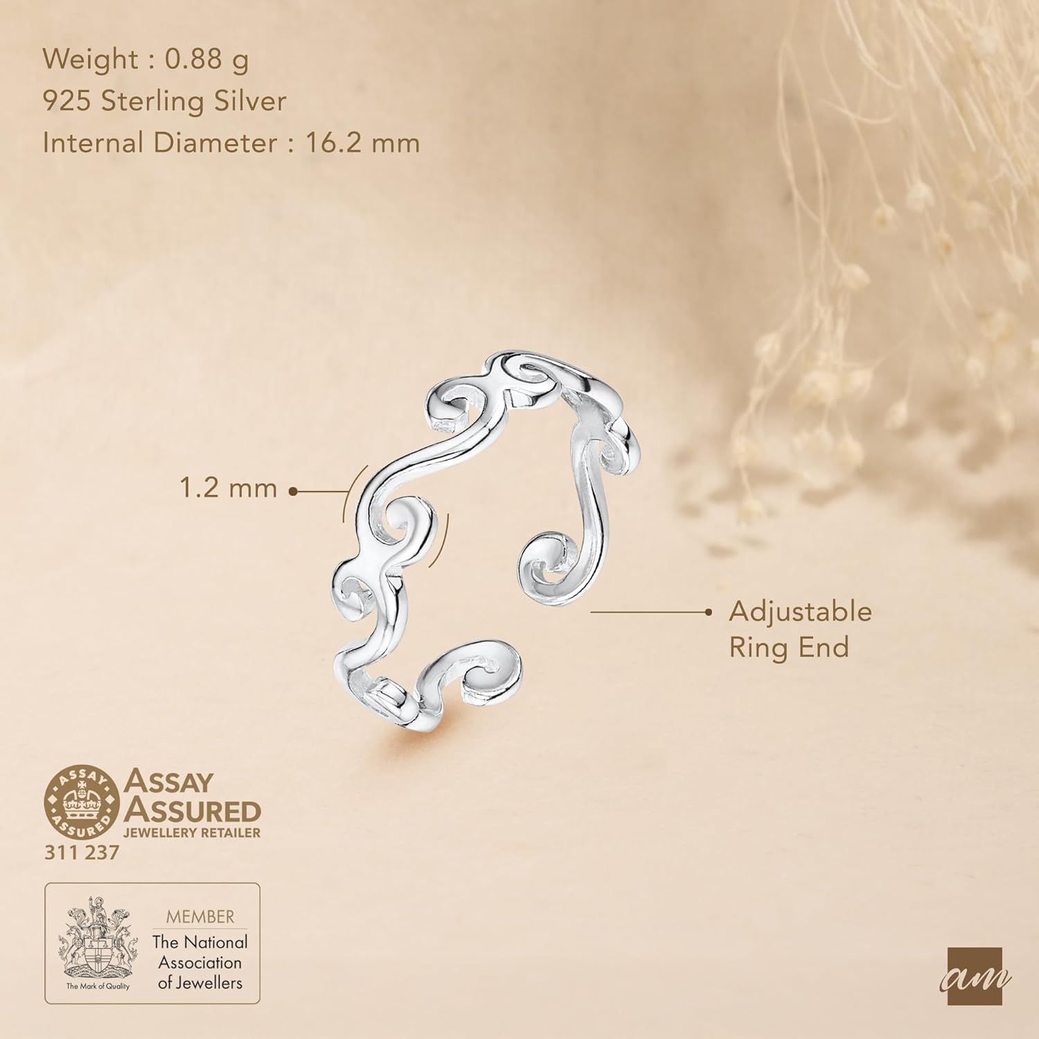 Amberta Adjustable 925 Sterling Silver Toe Ring for Women | Wave Hearts Flower Dolphin Crown Leaf Boho Foot Jewelry