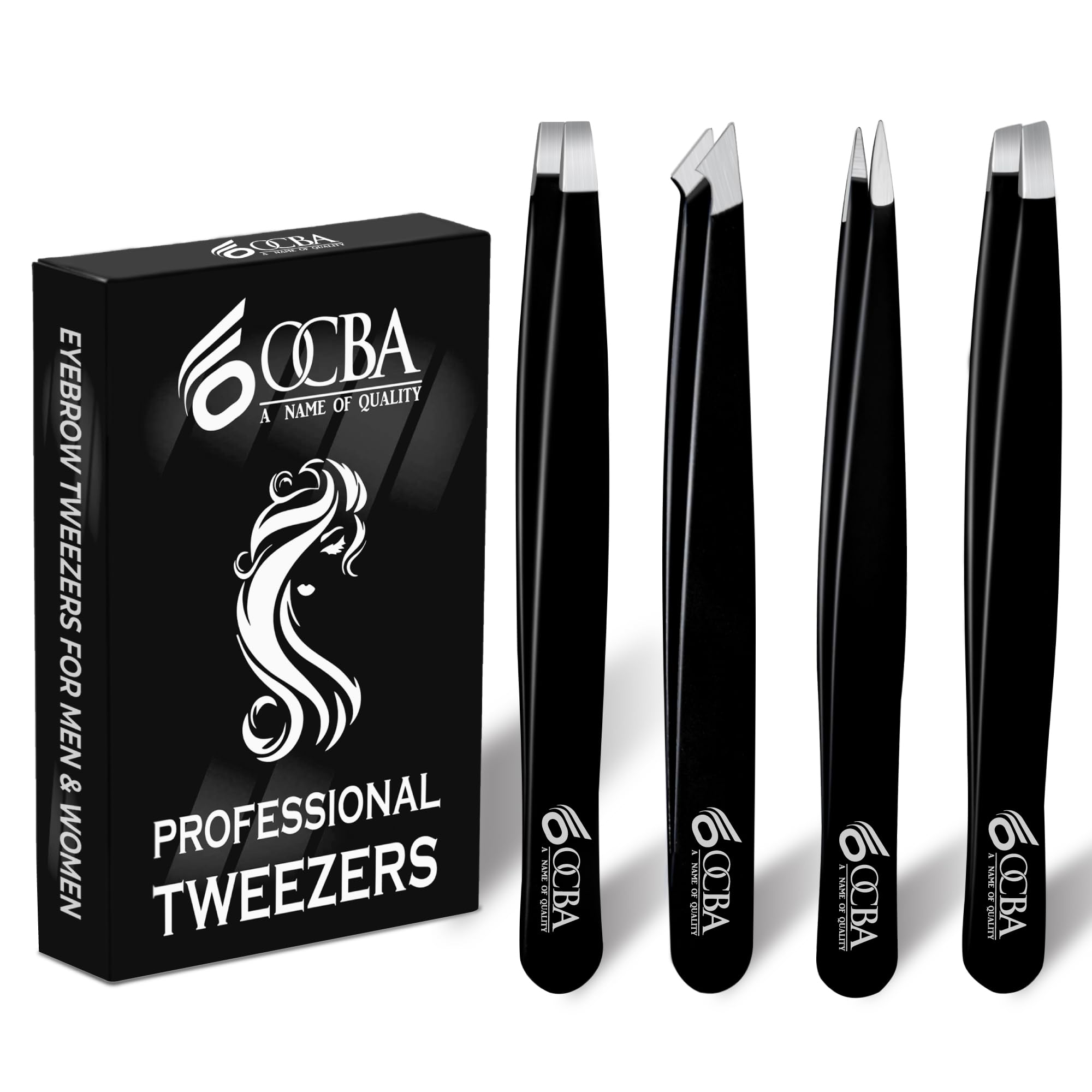 OCBA Tweezers for Facial Hair Women & Men for Precise Grooming of Eyebrows - Professional Stainless Steel Black Color Coated Eyebrow Tweezers for Ingrown Hair on Nose Ear (Black)
