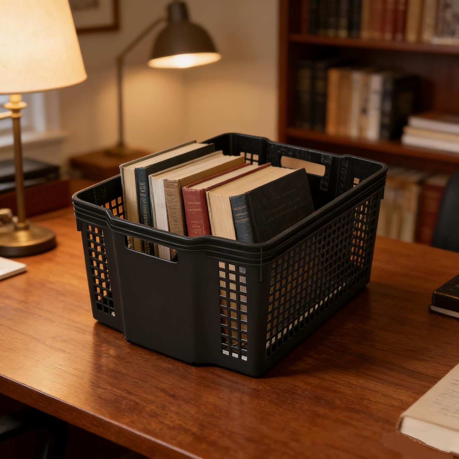 6-Pack Large Plastic Deep Stacking Baskets, Black Storage Baskets, Multi-Purpose, Ideal for Closets, Cabinets, Shelves, Countertops