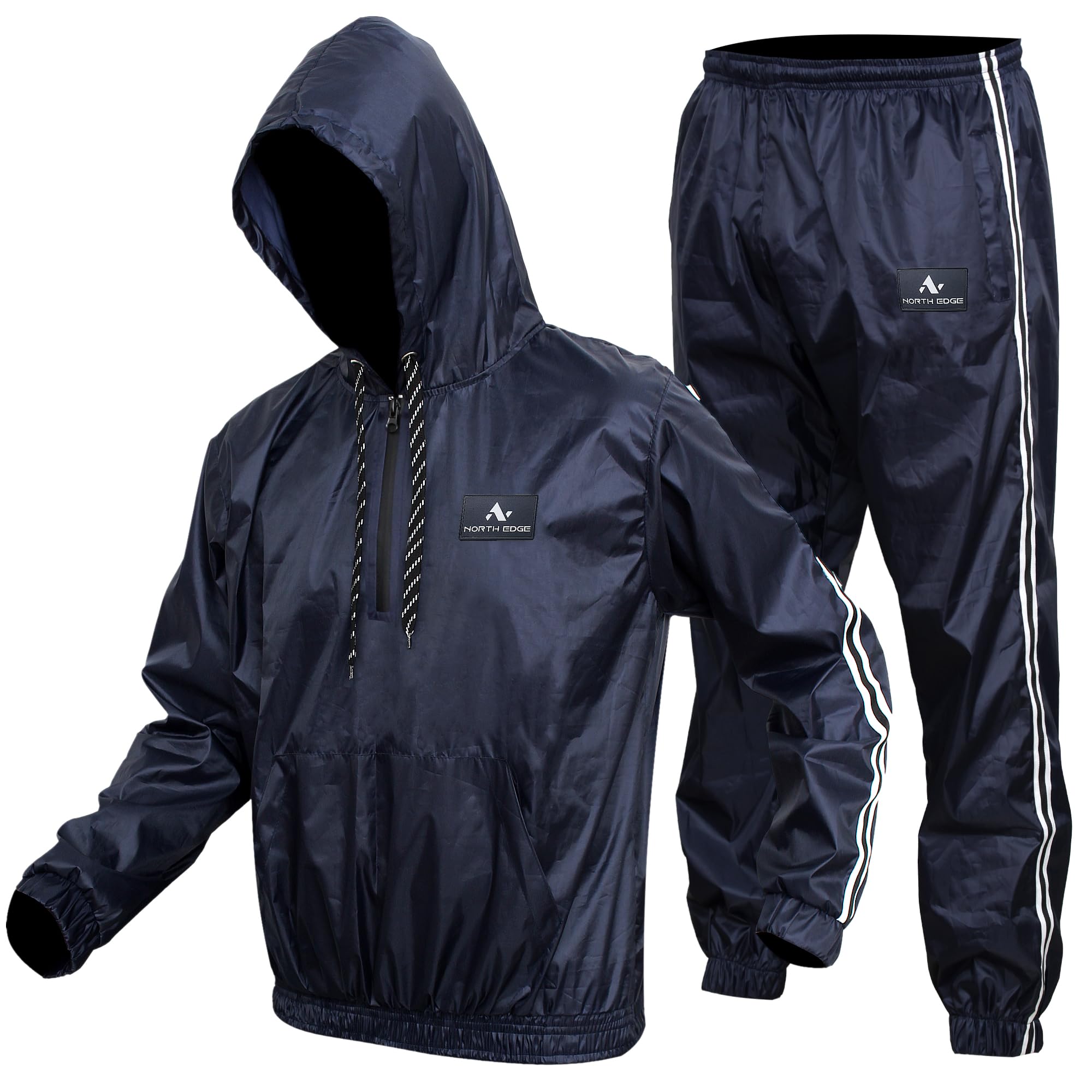 NORTH EDGE Sauna Sweat Suit Heavy Duty Gym Fitness Sauna Suit MMA Training Exercise Running Sauna Suit (Hooded Navy, 3XL)