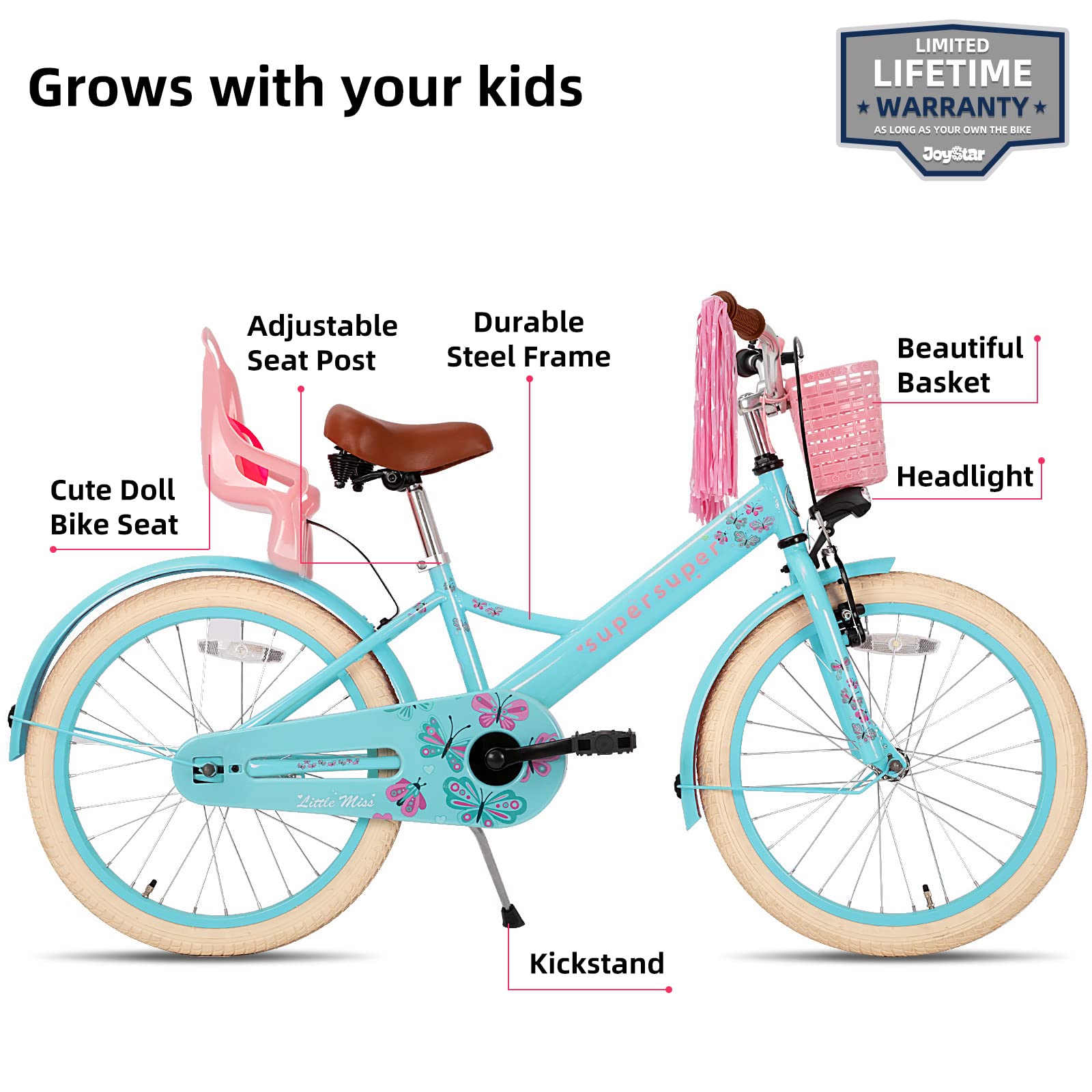 Vélo Enfant Fille Joystar Little Daisy - 12/14/16 Pouces - Roues Stabilisatrices - Panier Et Serpentins