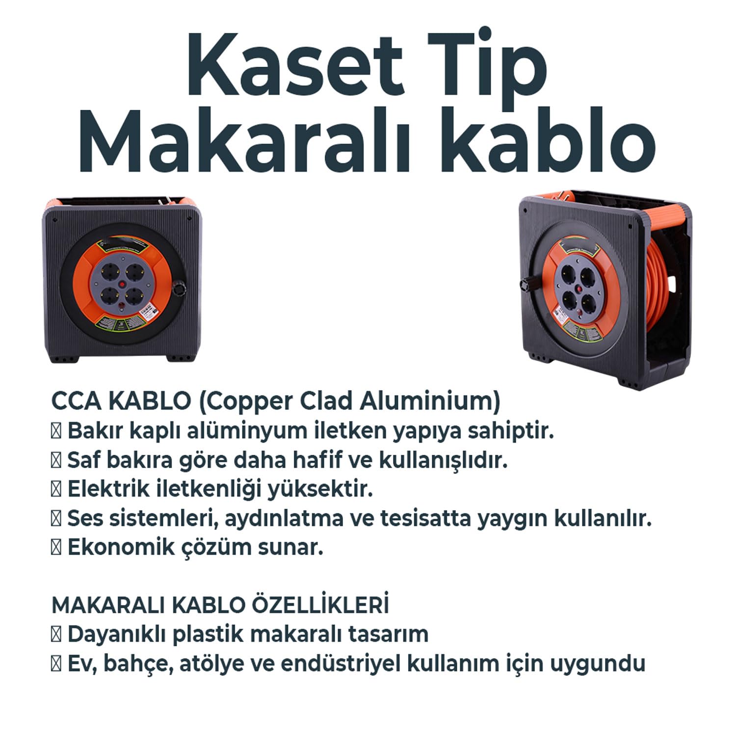 Makaralı CCA Uzatma Kablosu 3x2.5 mm 30 Metre 4 Prizli Monofaze Termal Sigortalı Plastik Seyyar