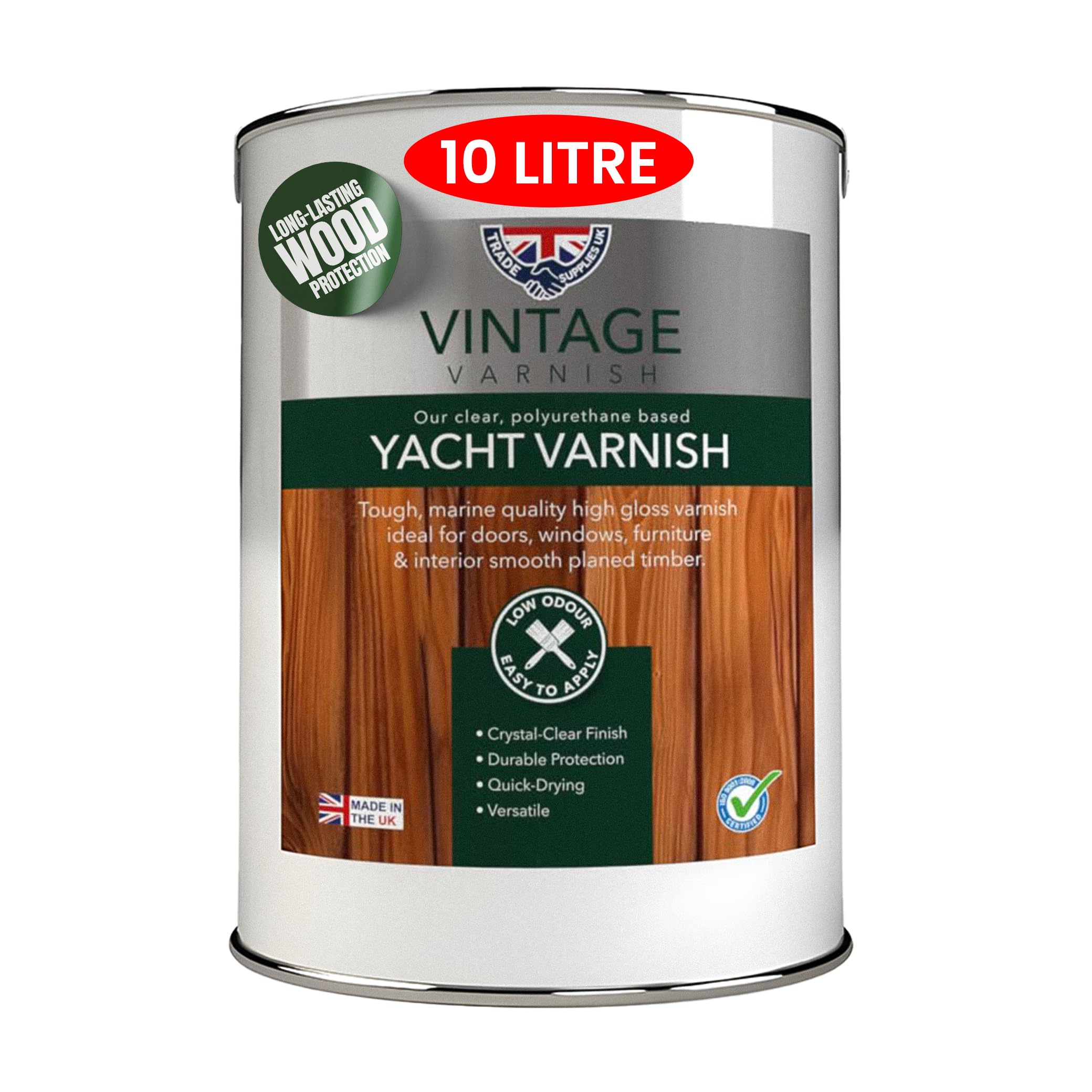 Trade Supplies UK - Vintage Varnish Clear Yacht Polyurethane Varnish - Marine-Grade, UV-Resistant, High-Durability, Crystal-Clear Gloss Finish for Wood Protection 10L (Clear, 10L) — image 1