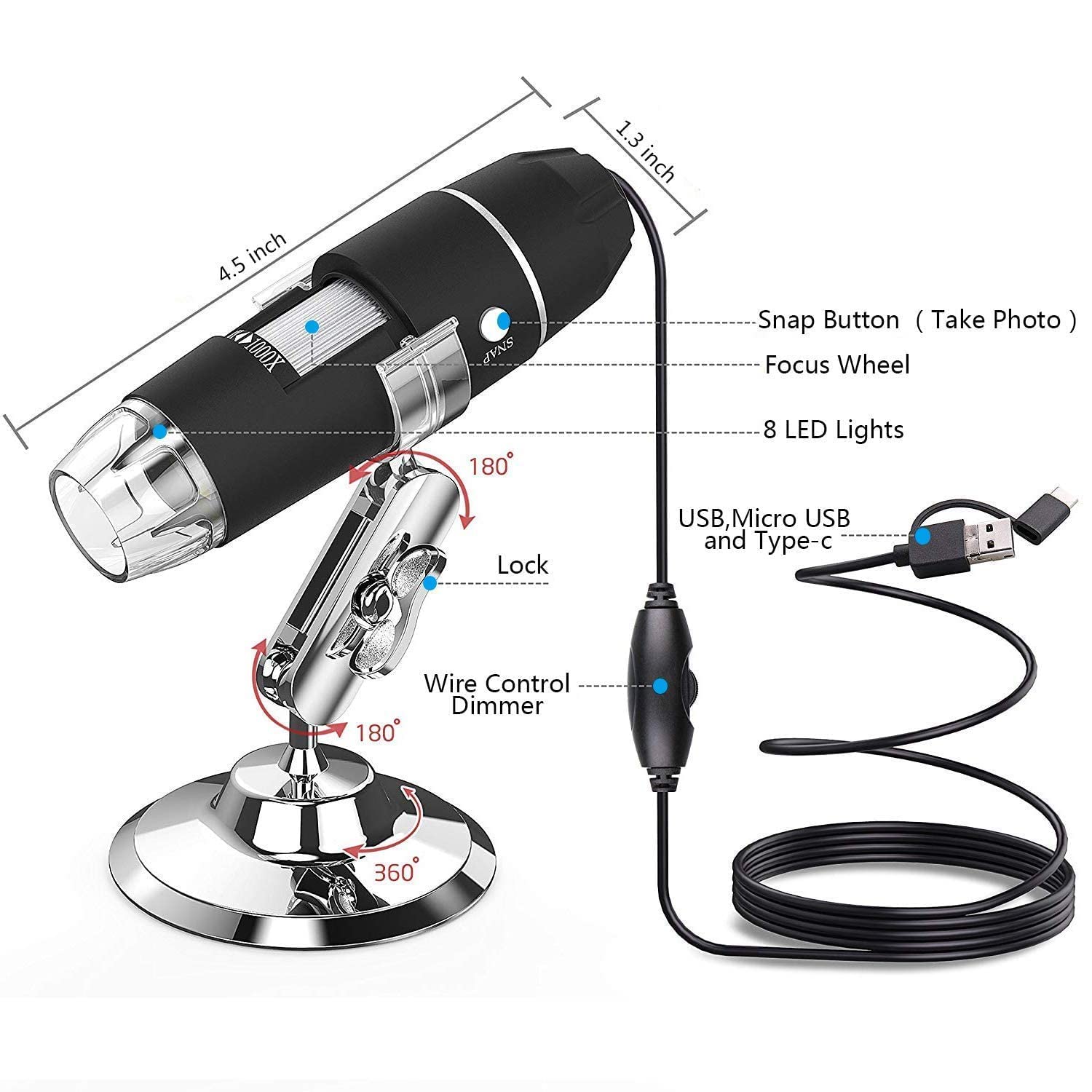 Smars® HD 1920x1080P 3 in 1 50 to 1000x Magnification USB Digital Microscope, Endoscope with 2.0MP Camera 8 LEDs Stand Holder for Android Phone Tablet, Windows and MacBook OS Computer (Black) - Image 6 thumbnail