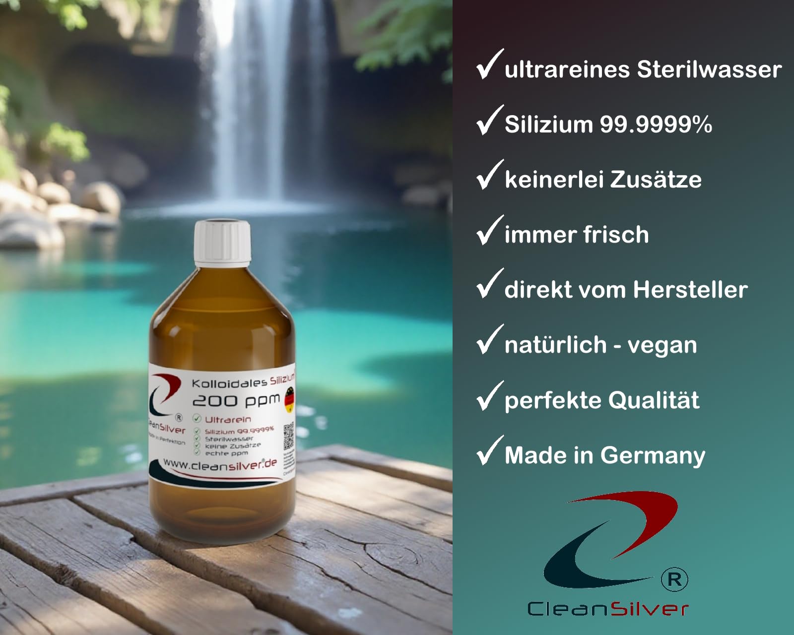 CleanSilver - Kolloidales Silizium hochdosiert 200ppm, 500ml - Ultrarein: Sterilwasser und Silizium 99,9999% - Made in Germany - stets frisch, keine Lagerware!
