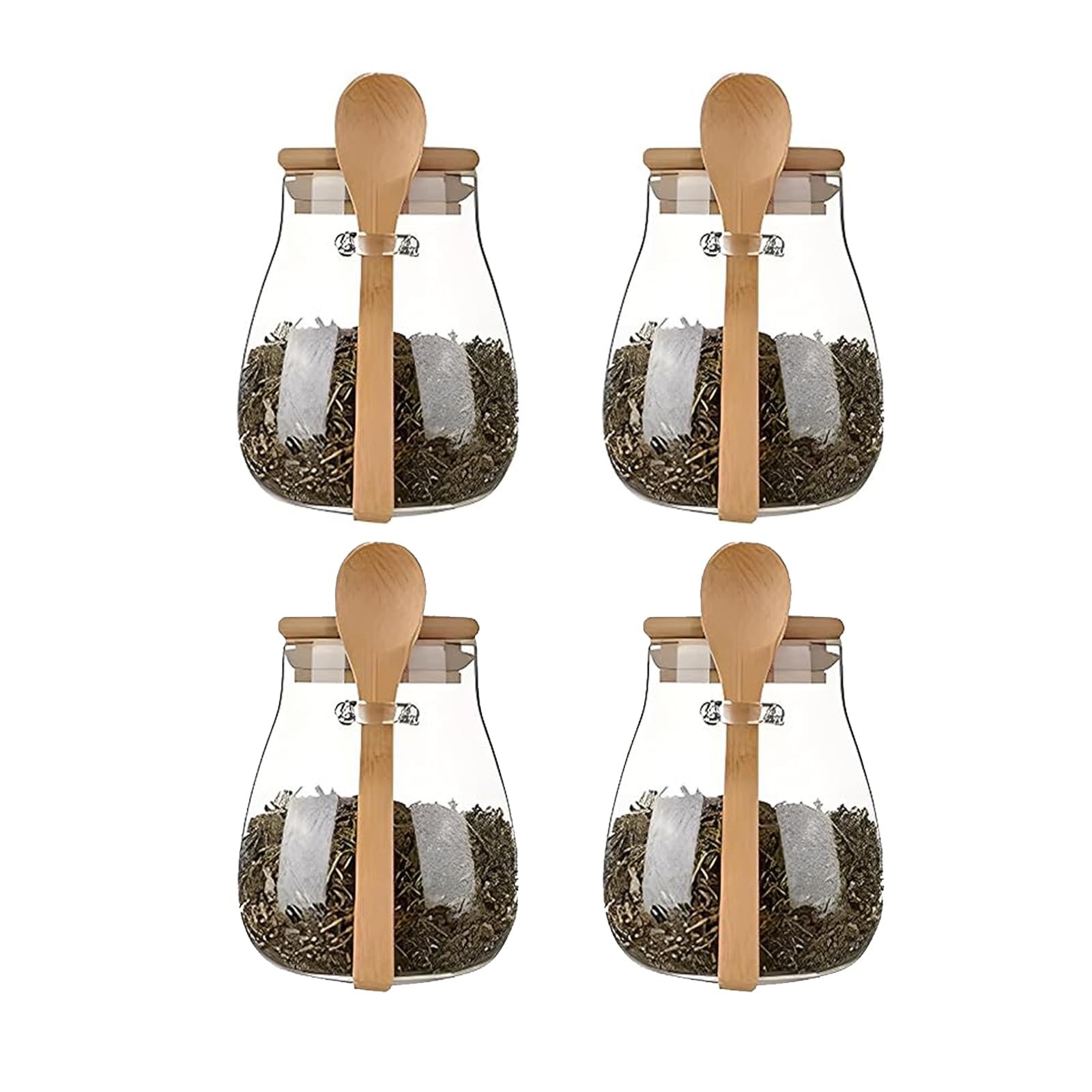 16 oz Airtight glass jar storage container with bamboo lid Set of 4, wide mouth, leak-proof, With a spoon, reusable, can be used for coffee beans, tea leaves, grains, dried fruits, etc (Small)