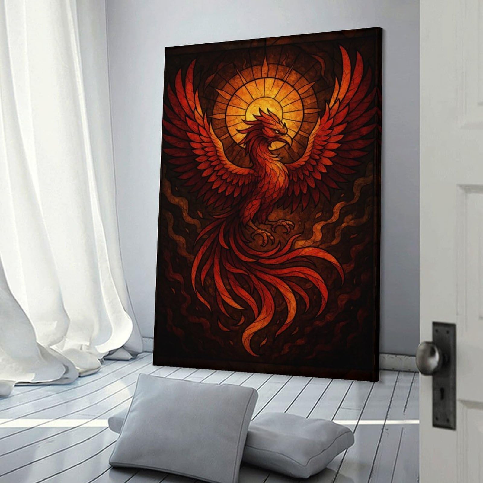 Junmoney Frame-Style-20 Hanging Wall Art Phoenix Rising Stained Glass Art, 20X30inch(50X75cm), For Gallery Wall Layouts In Home Or Office, An Easy Match For Collected Prints