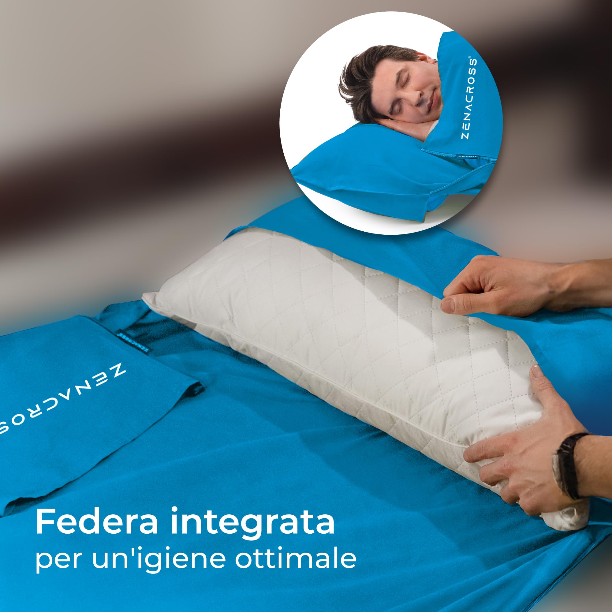Zenacross - Sacco Lenzuolo da Viaggio - Sacco Letto Singolo Ultraleggero e Compatto - 100% Cotone - Saccoletto con Scomparto per Cuscino - Sacco Lenzuolo Cotone Singolo