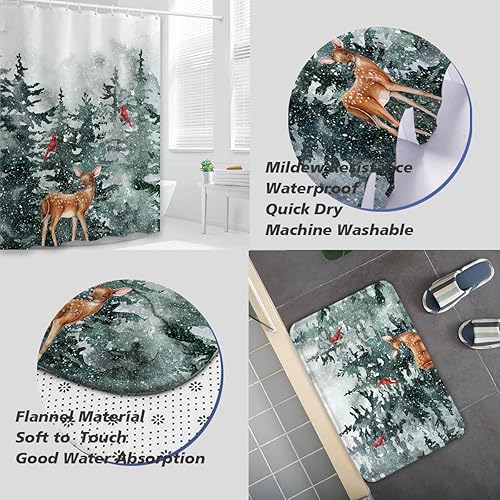 Miniatura 4 de Juego de 4 cortinas de ducha de invierno de Navidad con alfombras, bosque nevado y país de las maravillas, juego de baño con ciervos, decoración de