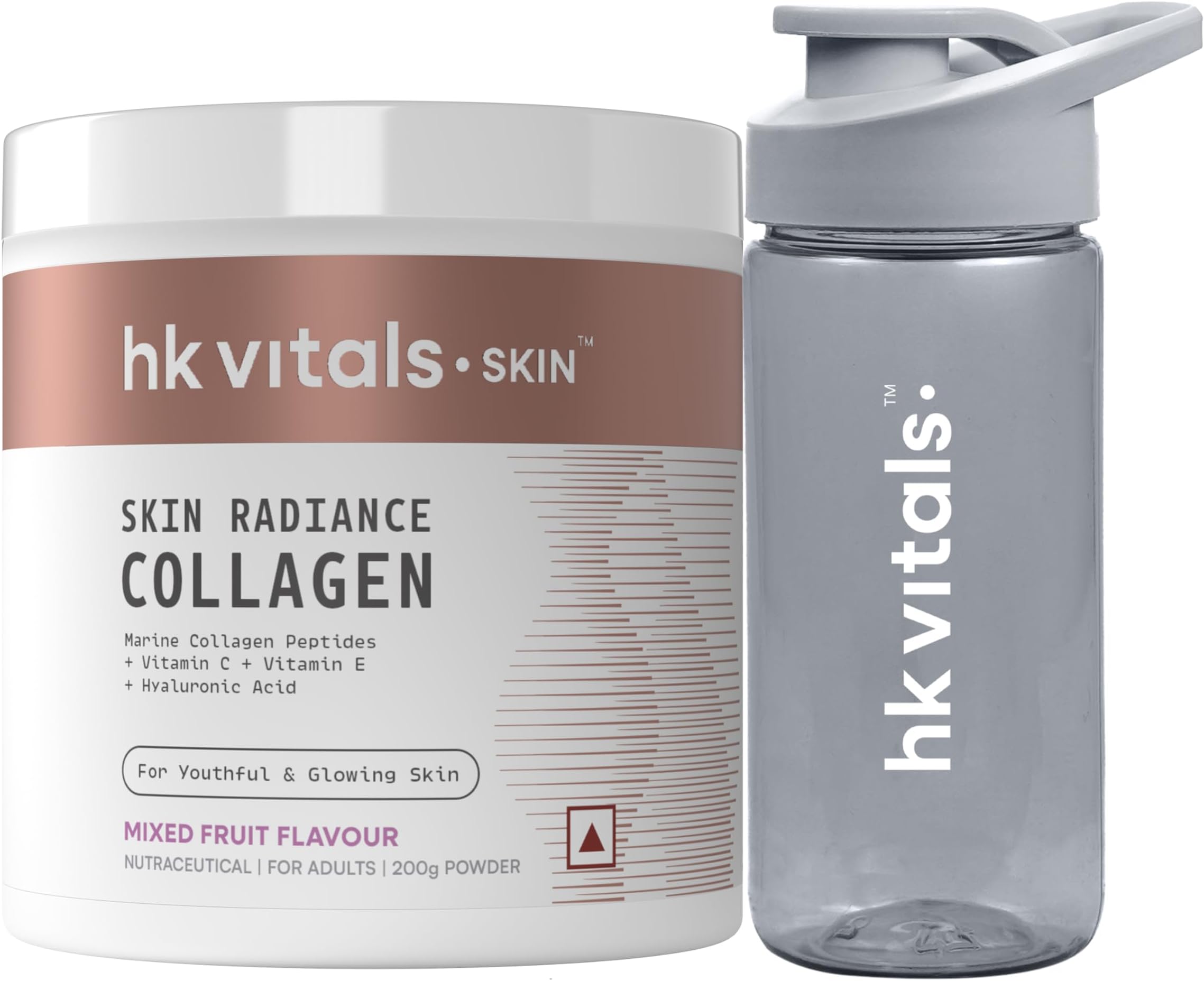 Skin Radiance Marine Collagen Supplements Powder (Mixed Fruit, 200g) & Sipper Bottle (Grey, 300ml) Combo Pack | With Vitamin C & E | For Healthy Skin, Hair & Nails