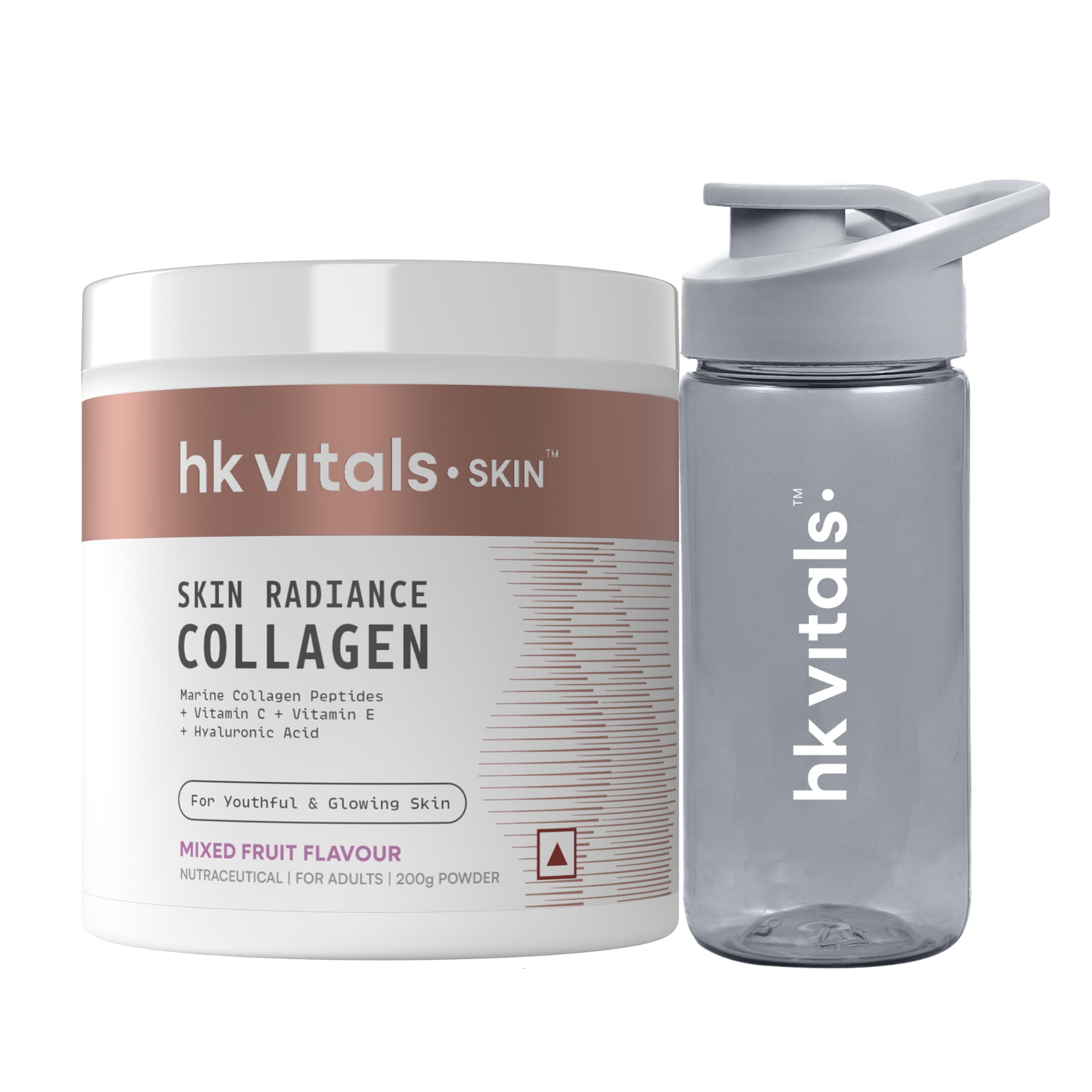 hk vitals Skin Radiance Marine Collagen Supplements Powder (Mixed Fruit, 200g) & Sipper Bottle (Grey, 300ml) Combo Pack | With Vitamin C & E | For Healthy Skin, Hair & Nails