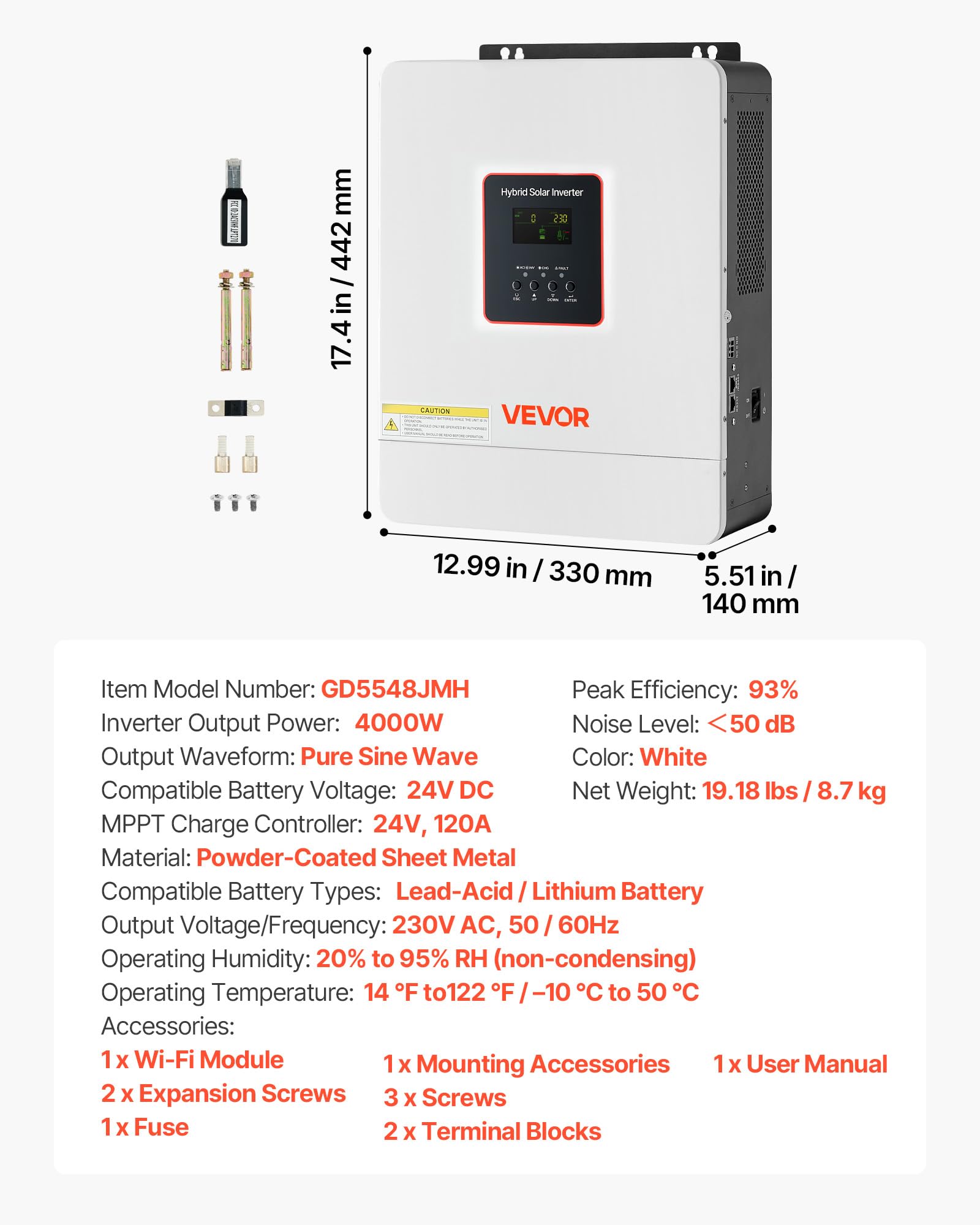 VEVOR Inverter Solare Ibrido 4000 W da 24 V CC a 230 V CA, Inverter e Caricabatterie a Onda Sinusoidale Pura con Regolatore Solare MPPT da 120 A Integrato, Modulo WiFi, Monofase