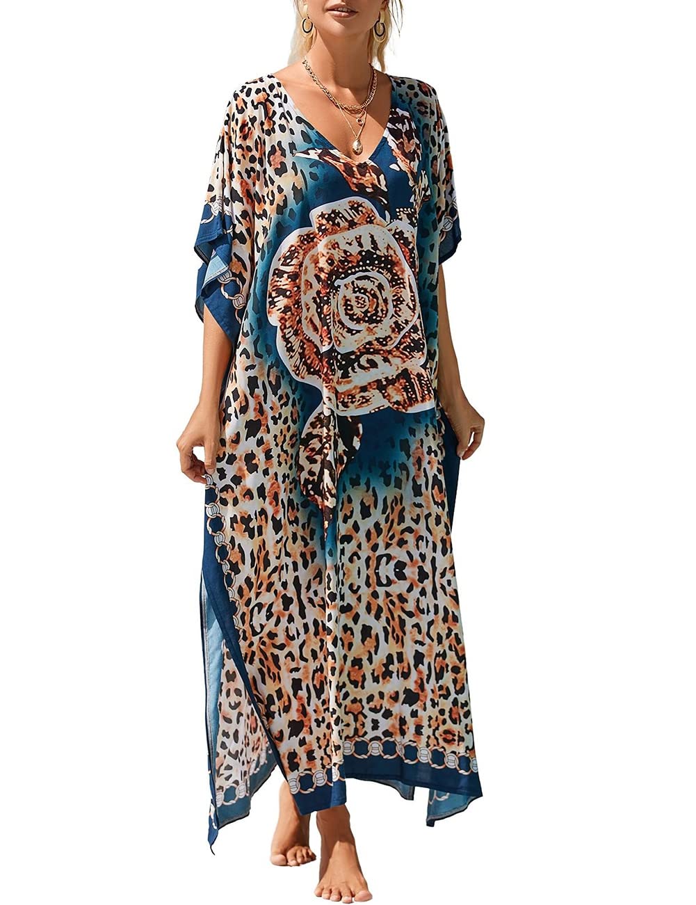 Bsubseach Maxi Vestido para Mujer con Estampado Turco Kaftan Beachwear Bikini Cover Up