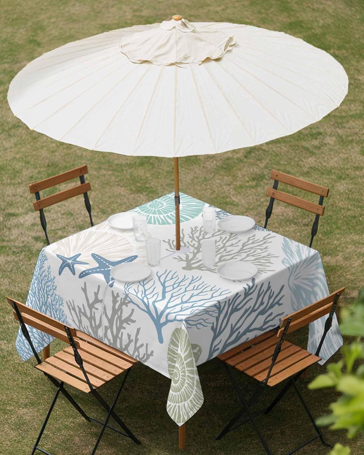 Coastal Outdoor Tablecloth - 60x60 Inch Square Dining Table Cover, Blue Teal Coral Summer Beach Ocean Starfish Waterproof Outdoor Table Cloth with Umbrella Hole & Zipper for Picnic/Patio/Party