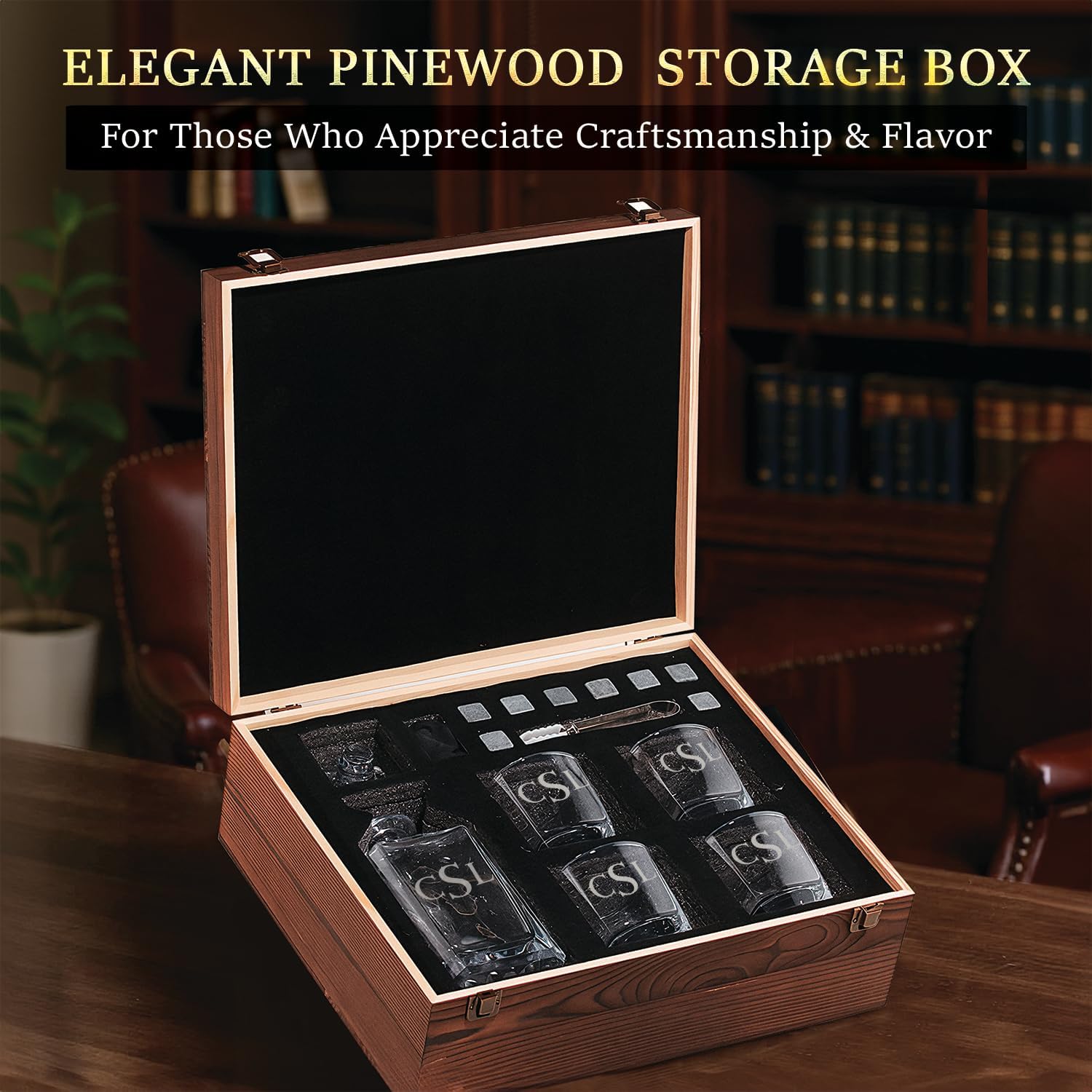 Custom Engraved Monogram 3 Initials Whiskey Gift Set – 34 oz Liquor/Bourbon Decanter with 4 Glasses, Whiskey Stones & Tongs – Premium Whiskey Gift for Men, Husband, Dad