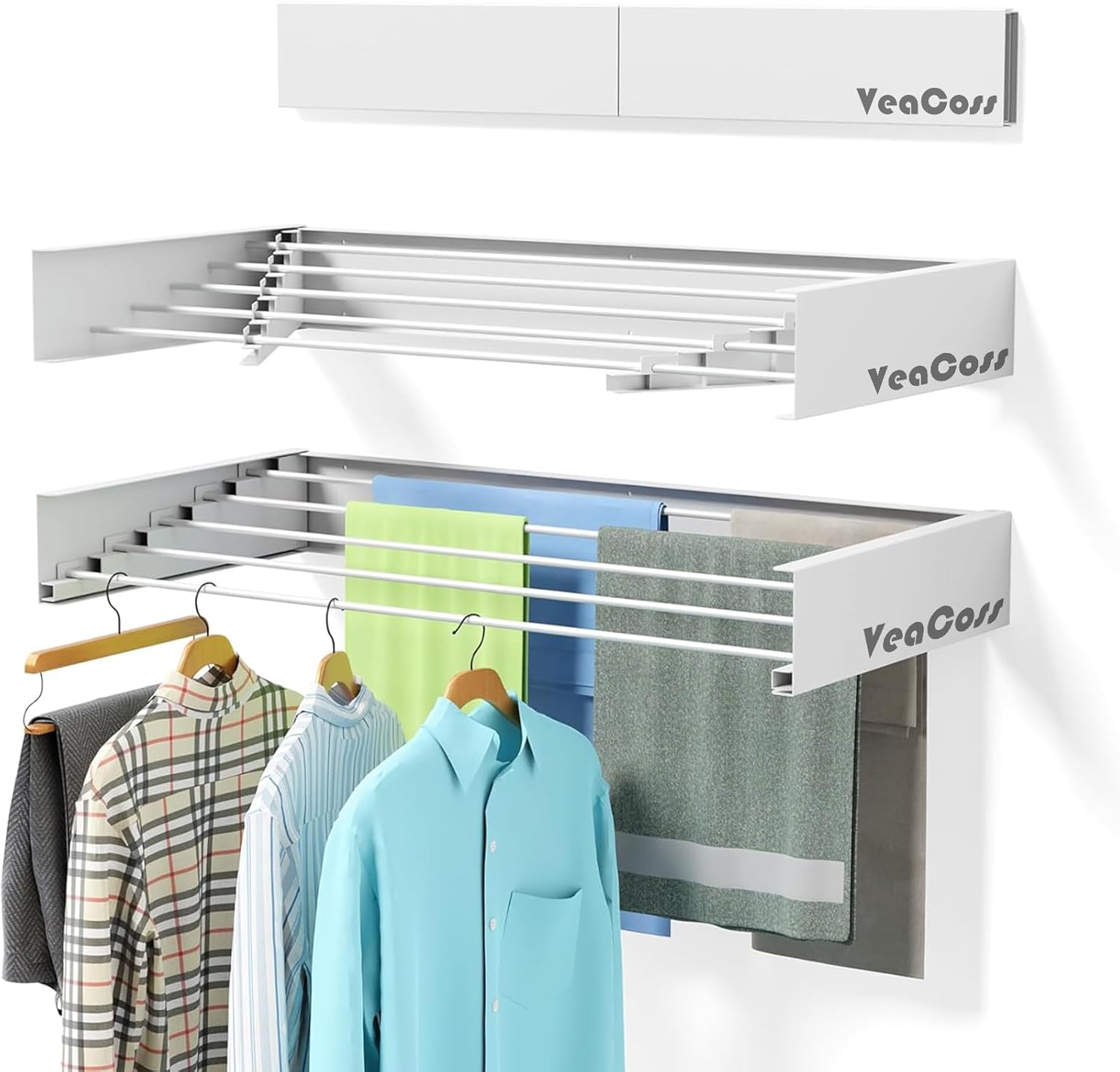 Wall Mounted Clothes Drying Rack, 31.5" Foldable Collapsible Laundry Rack, Heavy Duty 60 lb Capacity Hidden Space Saver, Includes Wall Template for Laundry Room Indoor Outdoor Balcony (White)