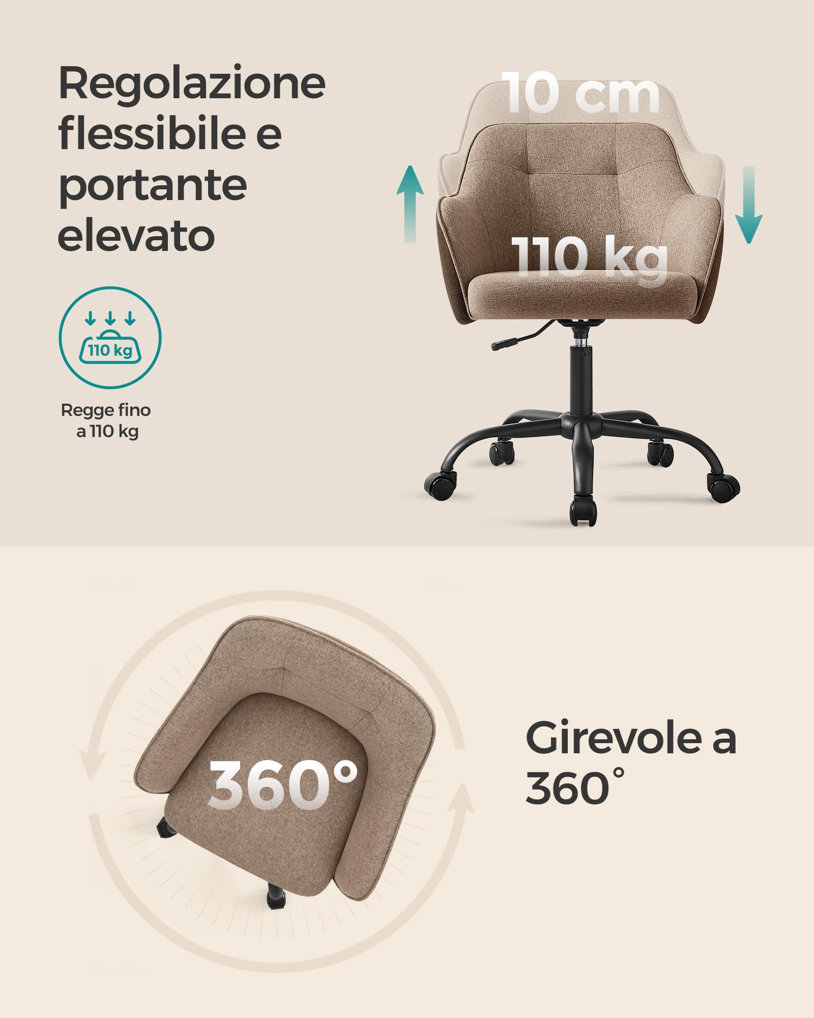 SONGMICS Sedia da Studio in Casa, Sedia Girevole, Regolabile in Altezza, Portante di 110 kg, Struttura in acciaio, Tessuto Cotone-lino Respirante, Studio, Camera da Letto, Marrone OBG019K01