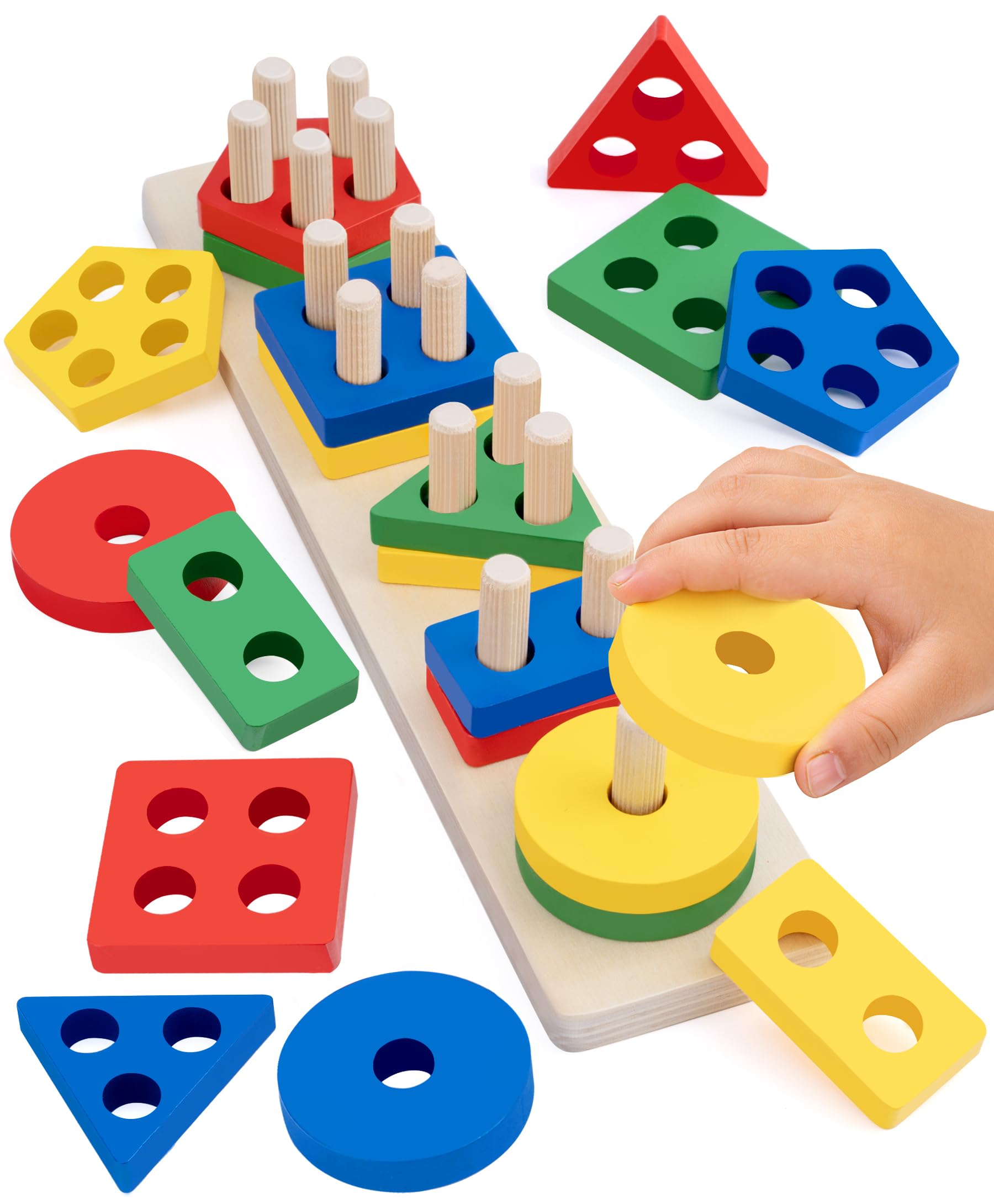 Montessori Toys for 1 2 3 Year Old, Wooden Stacking &amp; Sorting Toy with Geometric Shapes, Educational Learning Toys and Birthday Gifts for Toddlers Boys Girls 1-3