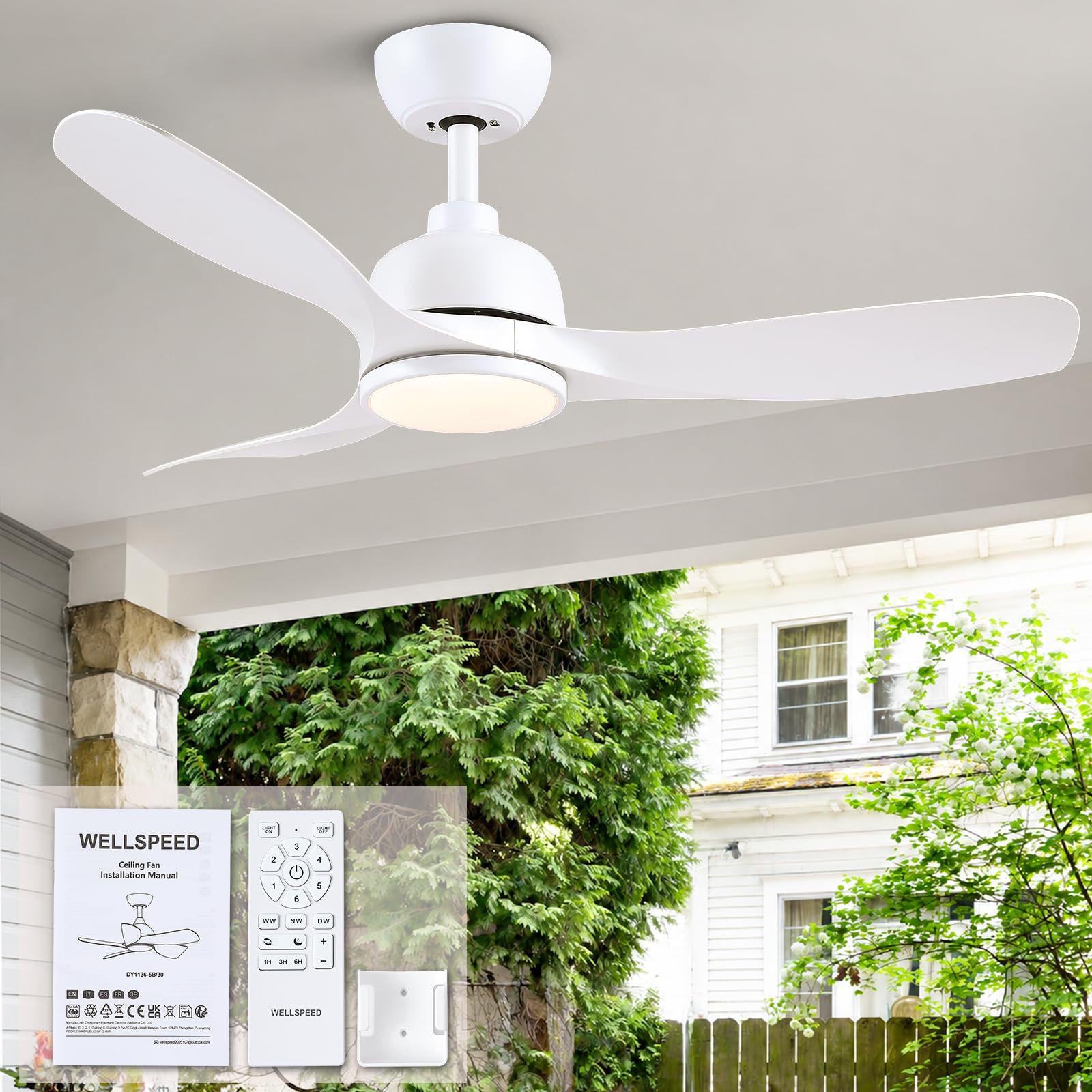 42-Zoll Weiß Deckenventilator mit Beleuchtung Outdoor Leise, Deckenventilator und Fernbedienung für den Außenbereich, Deckenventilator für Schlafzimmer und Wohnzimmer