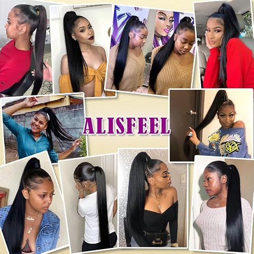 10A Grade Human Hair Ponytail Clip In Extensions 1 Piece, 100% Unprocessed Real Brazilian Hair Pony Tail Hairpiece Braids Hair Extensions (28 Inch, Straight, Wrap Drawstring) #TOP5