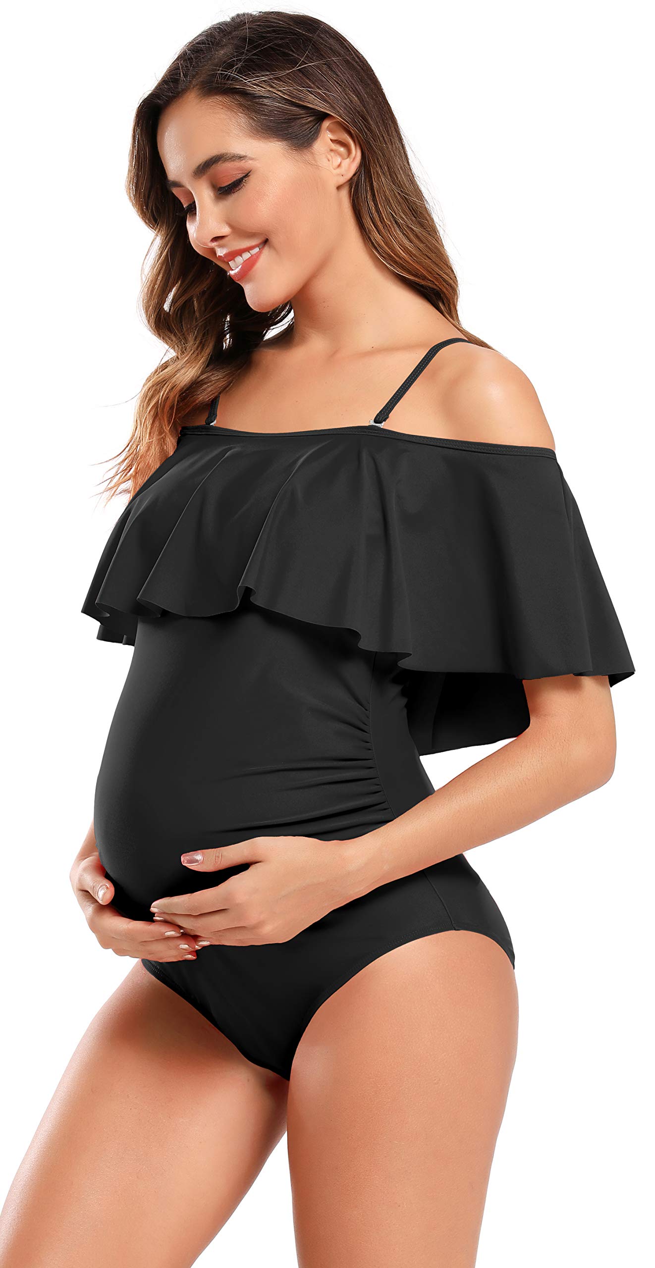 SHEKINI Maternity Einteiliger Badeanzug Damen Rüschen Bandeau Ruched Verstellbarer Bikini Grosse Grössen Umstandsbadeanzug Einteiliger Bikini Schwangerschaft
