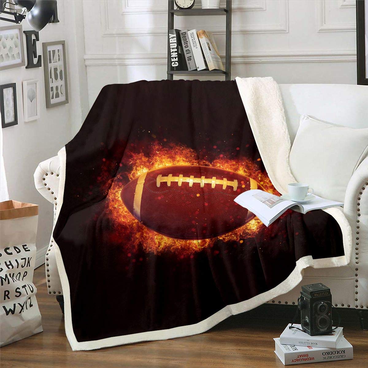 Loussiesd Fire Rugby Print Plush Blanket Ball Games Fleece Throw Blanket Sports Themed Sherpa Blanket for Bed Sofa Bedroom Decor American Football Fuzzy Blanket Baby 30"x40"