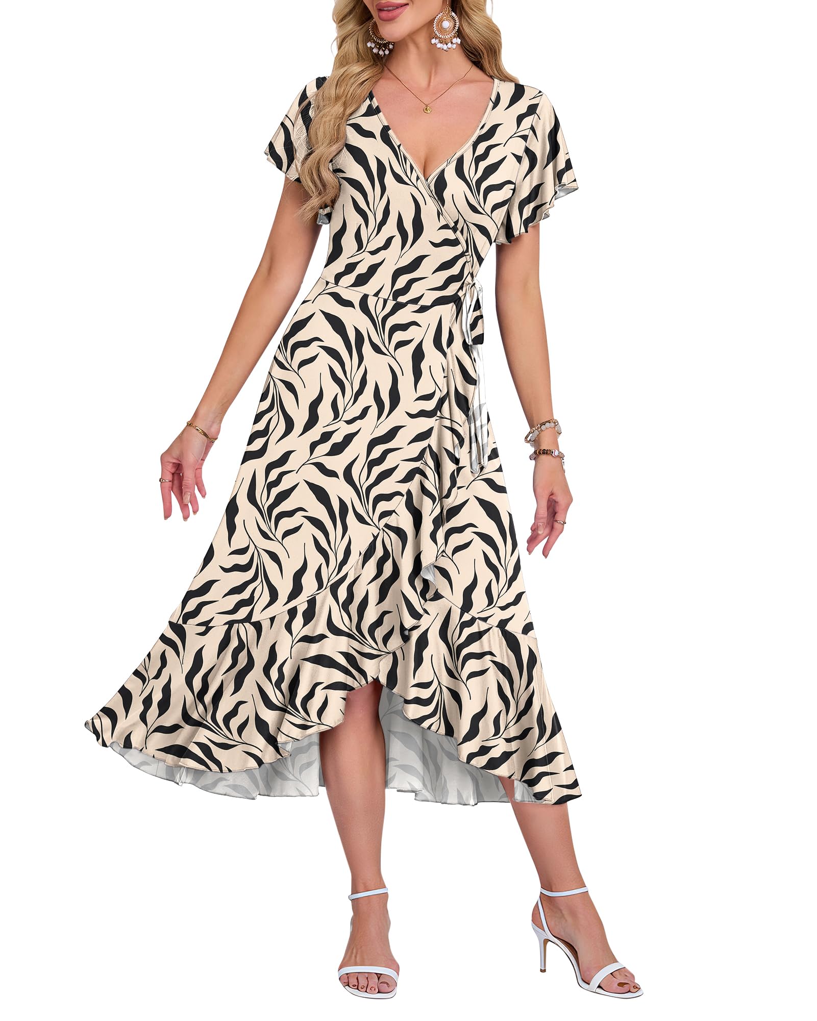 AUSELILY Sommerkleid Damen Wickelkleid Kurzarm Midikleider Langes Strandkleid V Ausschnitt A-Linie Hohe Taille Sommer Kleider