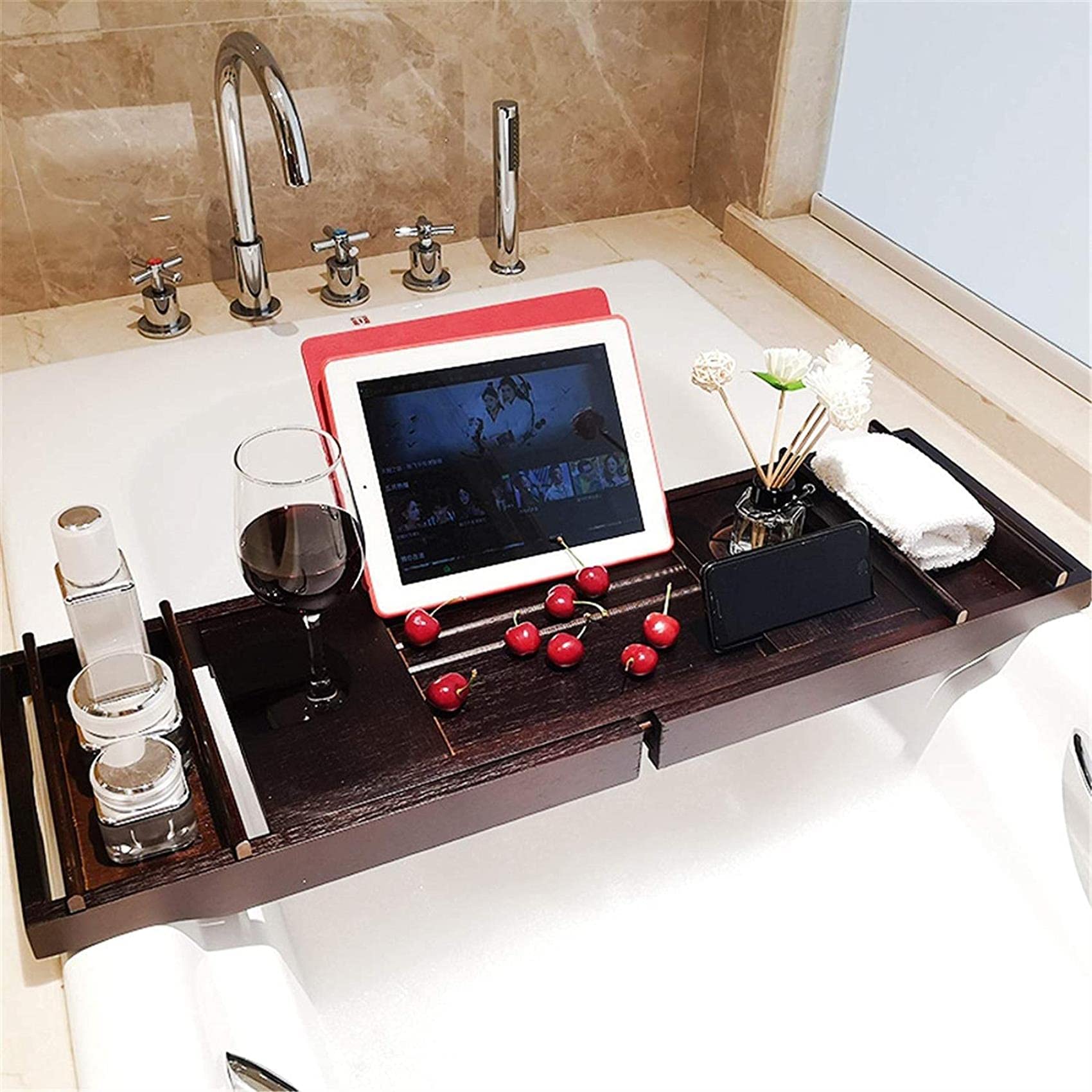 Bandeja para bañera Bandeja para bañera multifuncional antideslizante telescópica Bandeja para bañera de bambú Bañera ajustable antideslizante (Color : Picture color, Size : 75x23x4.5cm) (Pi