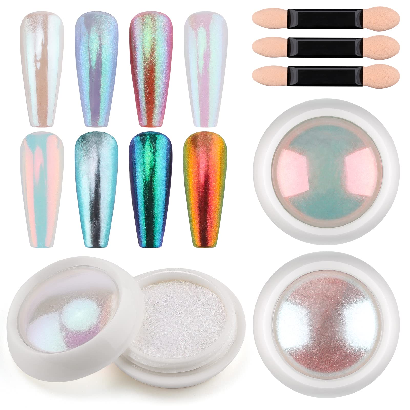3 Boxes Magic White Pearl Nail Powder, Lorvain Pearlescent White Chrome Nail Pigment, High Gloss Nail Art Glitters Holographic Ice Aurora Moonlight Manicure Pigment for Salon Home Nail DIY Decoration
