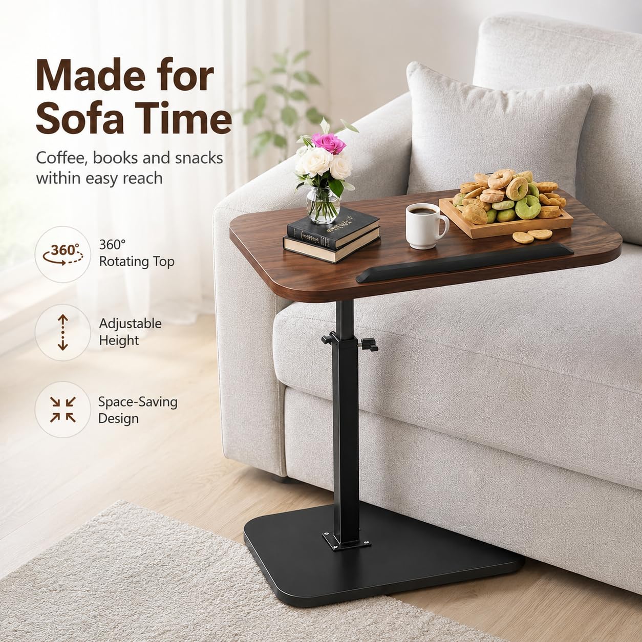 Tavolini a Forma Di C, Tavolino Salotto Moderno Regolabile in Altezza, Girevole a 360° Comodino, Con Slot per Telefono e Tablet per Divano, Letto, Soggiorno (Noce)