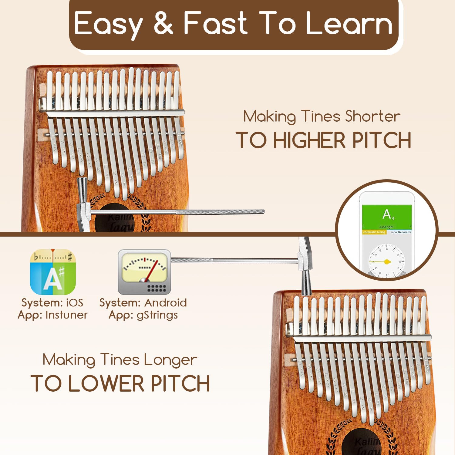 Kalimba 17 Teclas Pulgar Piano - Piano de Dedo Mbira Sanza Instrumento Musical Profesional con Instrucción de Estudio Martillo de Afinación Regalo Para Niños Adultos