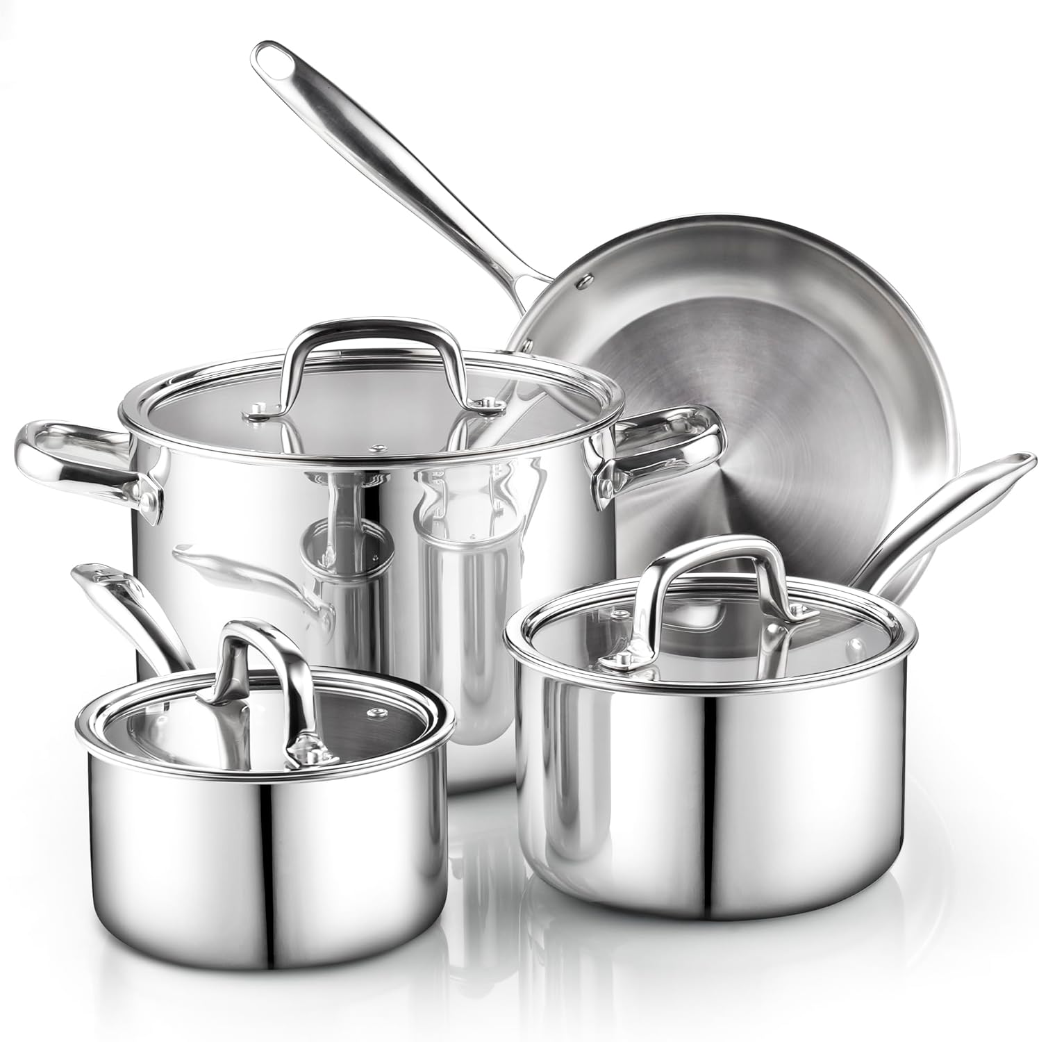 Cook N Home Tri-Ply Clad Stainless Steel Pots and Pans Cookware Set 7-Piece, with Saucepan, Fry Pan, Stockpot - Thumbnail 4