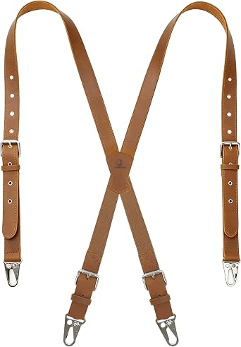Jack&Chris Genuine Leather X-Shaped Suspenders for Men, Solid 1 Inch Adjustable Heavy Duty Suspenders with Sturdy Clips