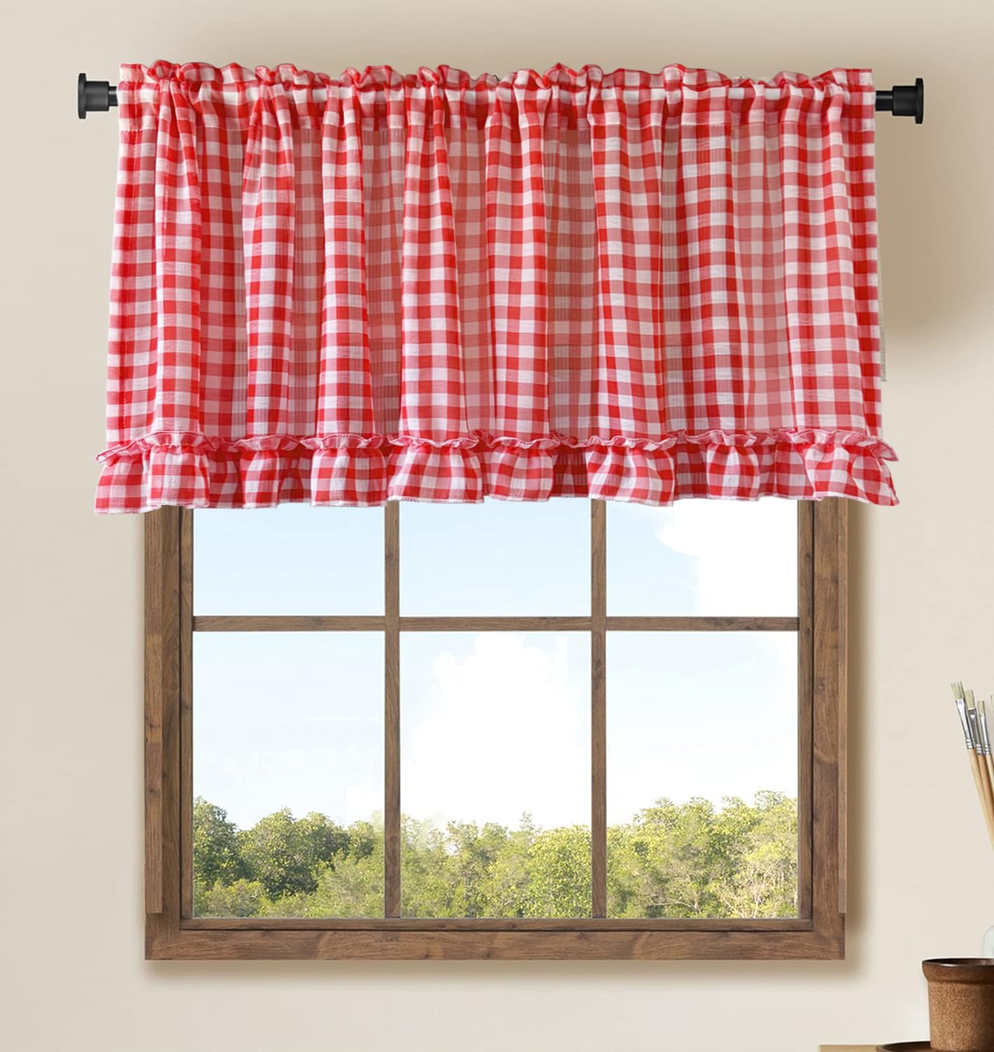 Cortina Corta Cuadros Algodón - 150x50 Cm, Rojo, Para Cocina, Cafetería, Bistró, Media Ventana