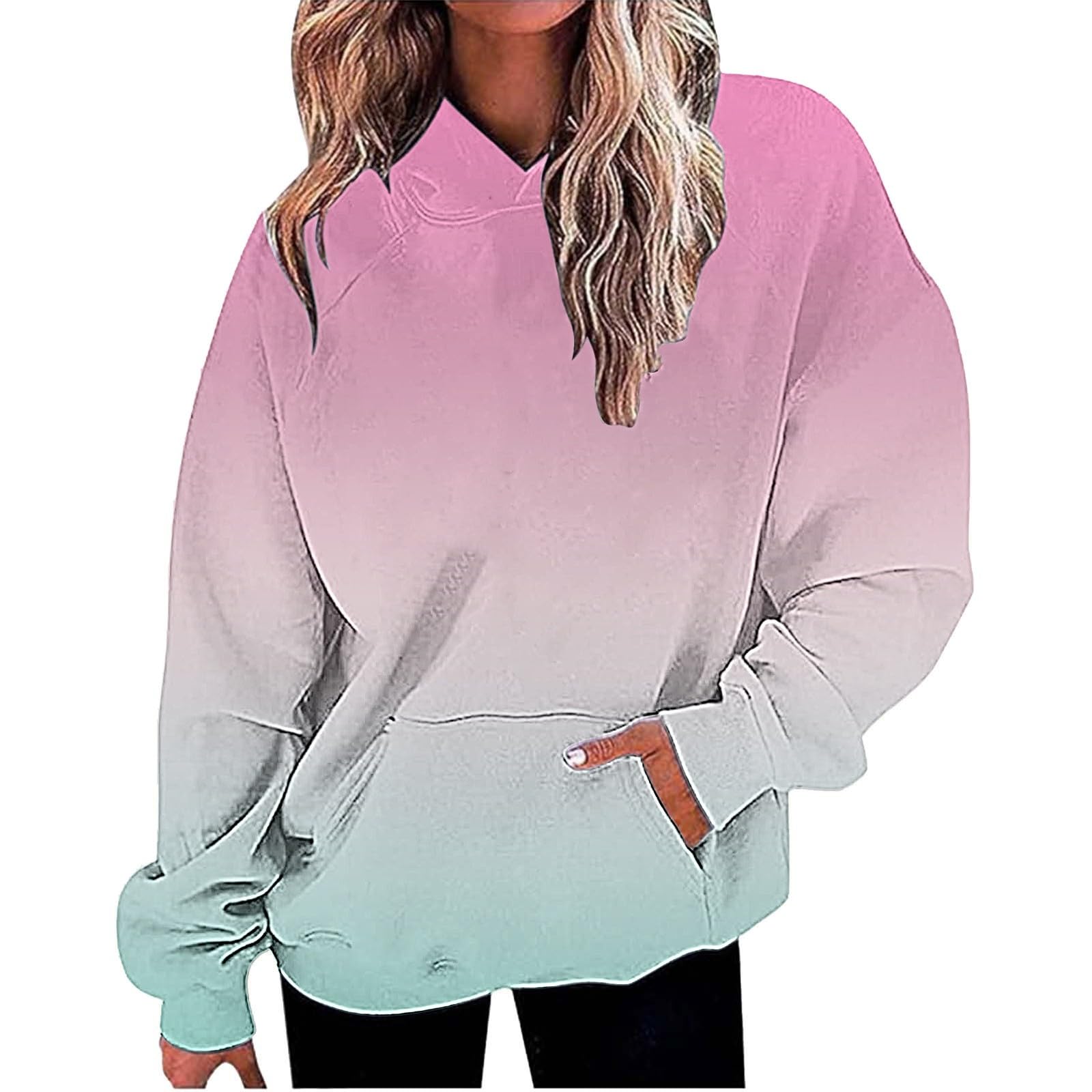 Women Oversized Hoodie Shirts Dressy Casual Long Sleeve Gradient Color Hooded Pullover Tops Loose Preppy Clothes