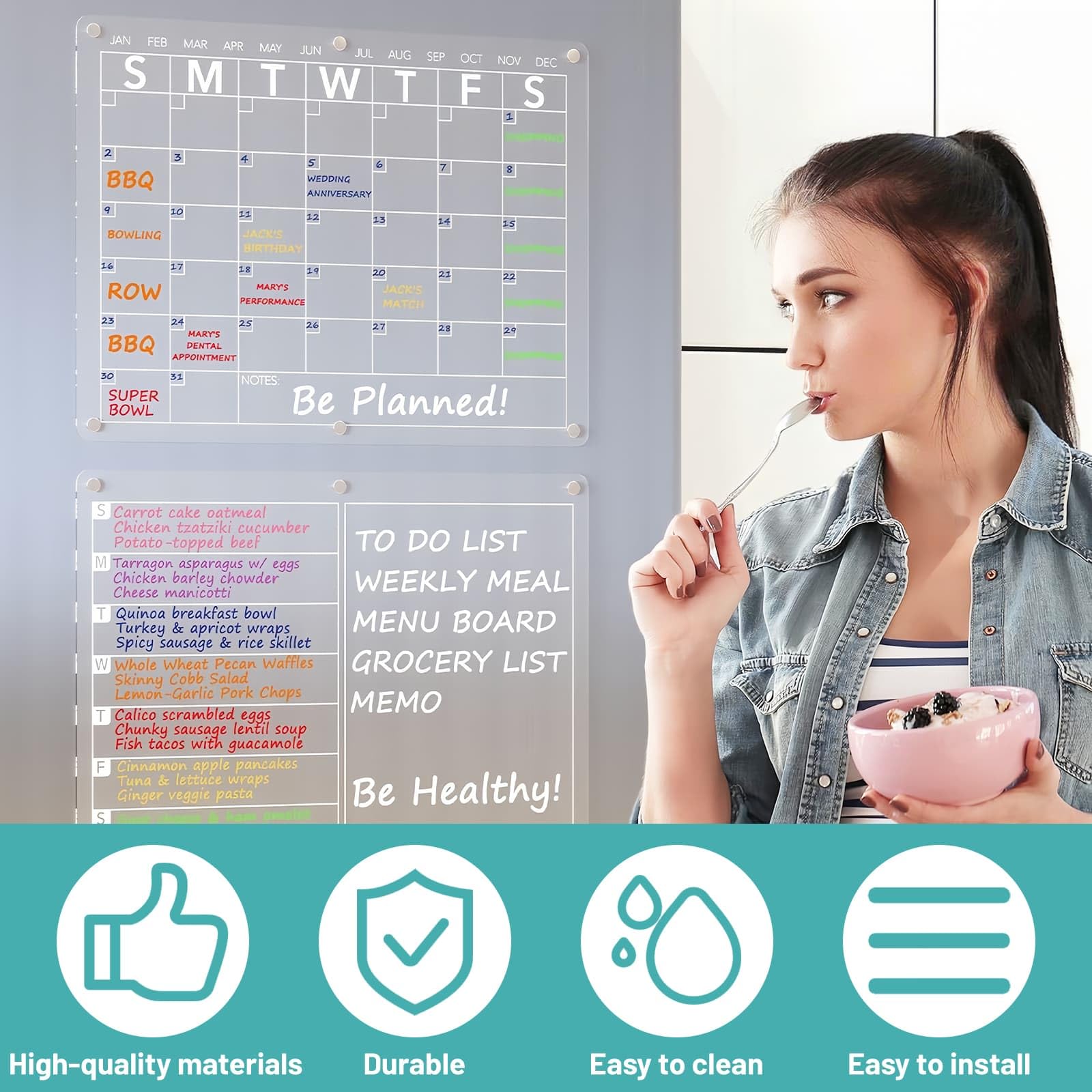 2pcs Magnetic Weekly Fridge Planner, Monthly Fridge Magnetic Calendar Meal Planner Board with 8 Markers and Wipes, Transparent Menu Organisers for Kitchen Home Shopping List - Image 4