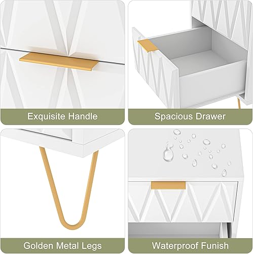 Miniatura 6 de Juego de 2 mesitas de noche blancas para dormitorio, moderna mesita de noche con 2 cajones de almacenamiento, mesas auxiliares de madera con patas