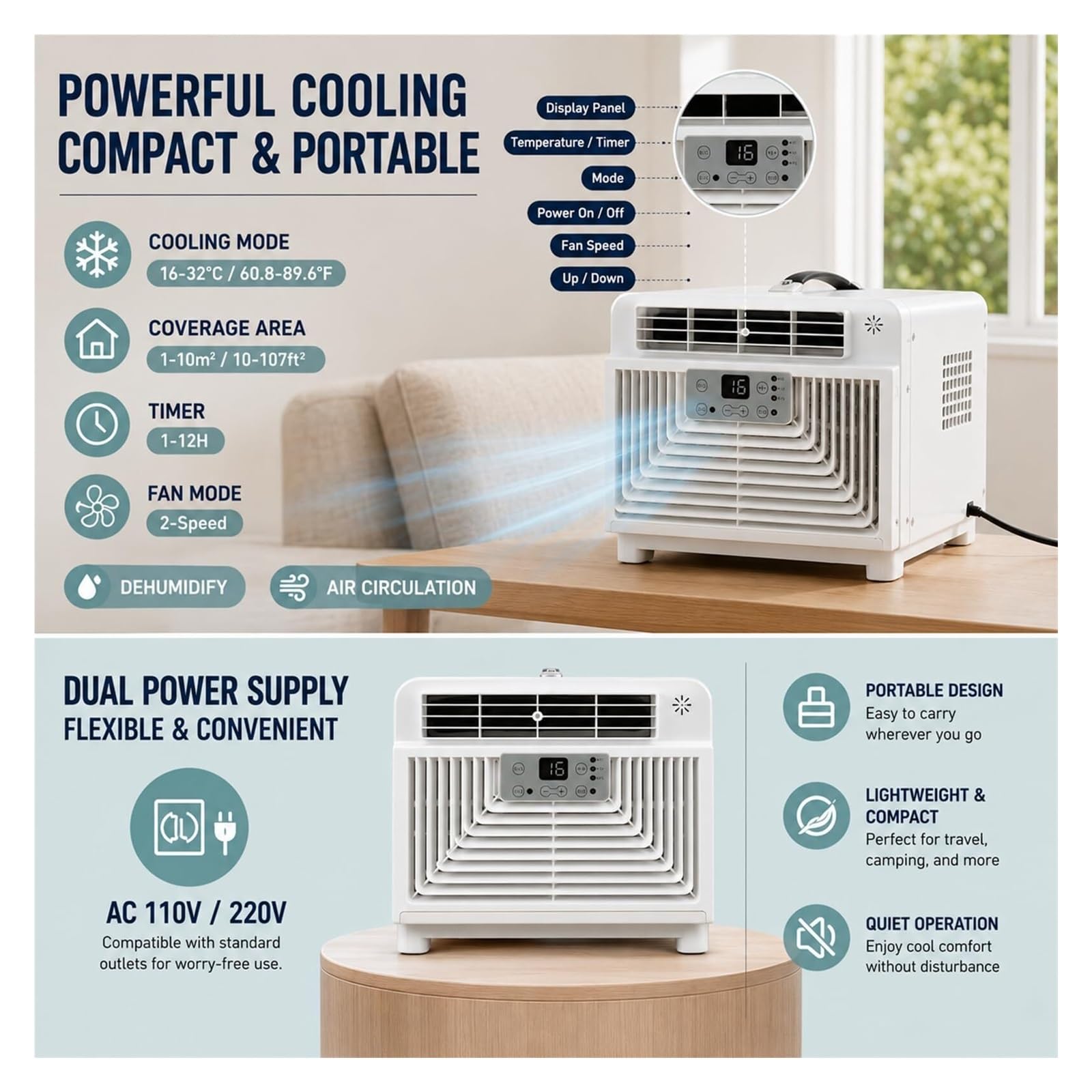 Aire Acondicionado Portátil Para Camping de 3400 Btu, Unidad de Aire Acondicionado Pequeña y Silenciosa 4 en 1 con 300 W de Baja Potencia, Aire Acondicionado Sin Ventanas Para Tienda de Campaña, Rv