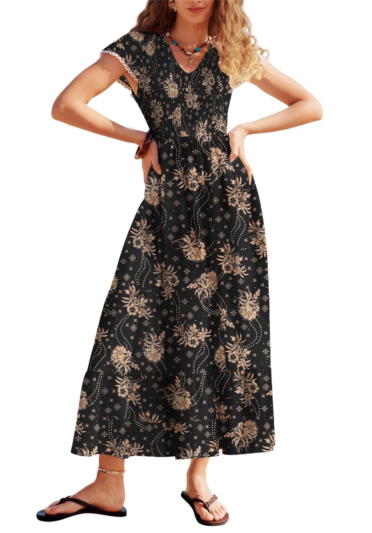 Kate Kasin Women's Black Floral Flowy Boho Dress Elastic Smocked Casual Maxi Dress Ruffled Summer Beach Vacation Sundress Xl