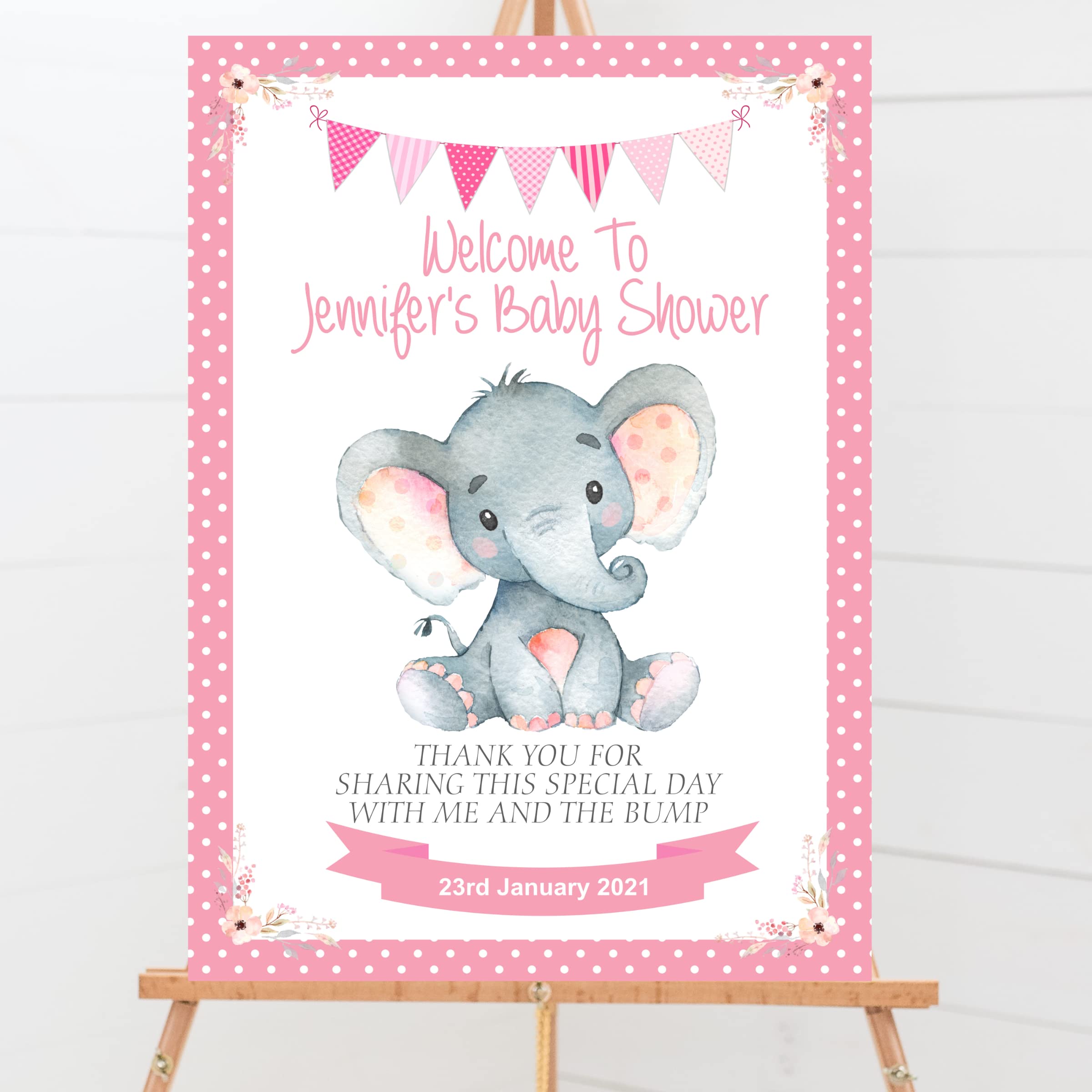 Blossom Lane Pink Personalised Baby Shower Party Welcome Sign Watercolur Elephant (A4 210Mm X 297Mm) A4 210Mm X 297Mm A4 210Mm X 297Mm A4 210Mm X 297Mm