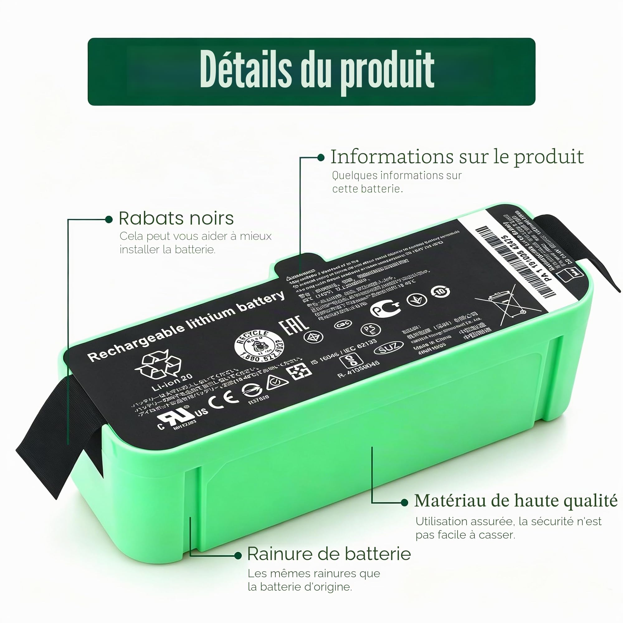 1800LI Batterie pour iRobot Roomba 500 580 595 600 700 800 900 610 670 680 | 671 675 677 685 690 691 695 696 760 761 770 780 790 860 870 871 880 890 895 960 965 966 980 Robot Vacuum Cleaners 1800mAh