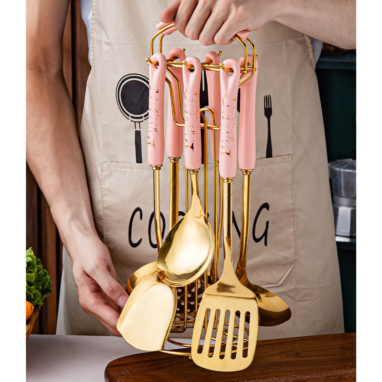 Luxe Ensemble D'ustensiles de Cuisine 7 Pcs Acier Inoxydable Ustensiles de Cuisine Poignée en Céramique avec Support Spatule Louche Cuillère de Service Serveur de Pâtes