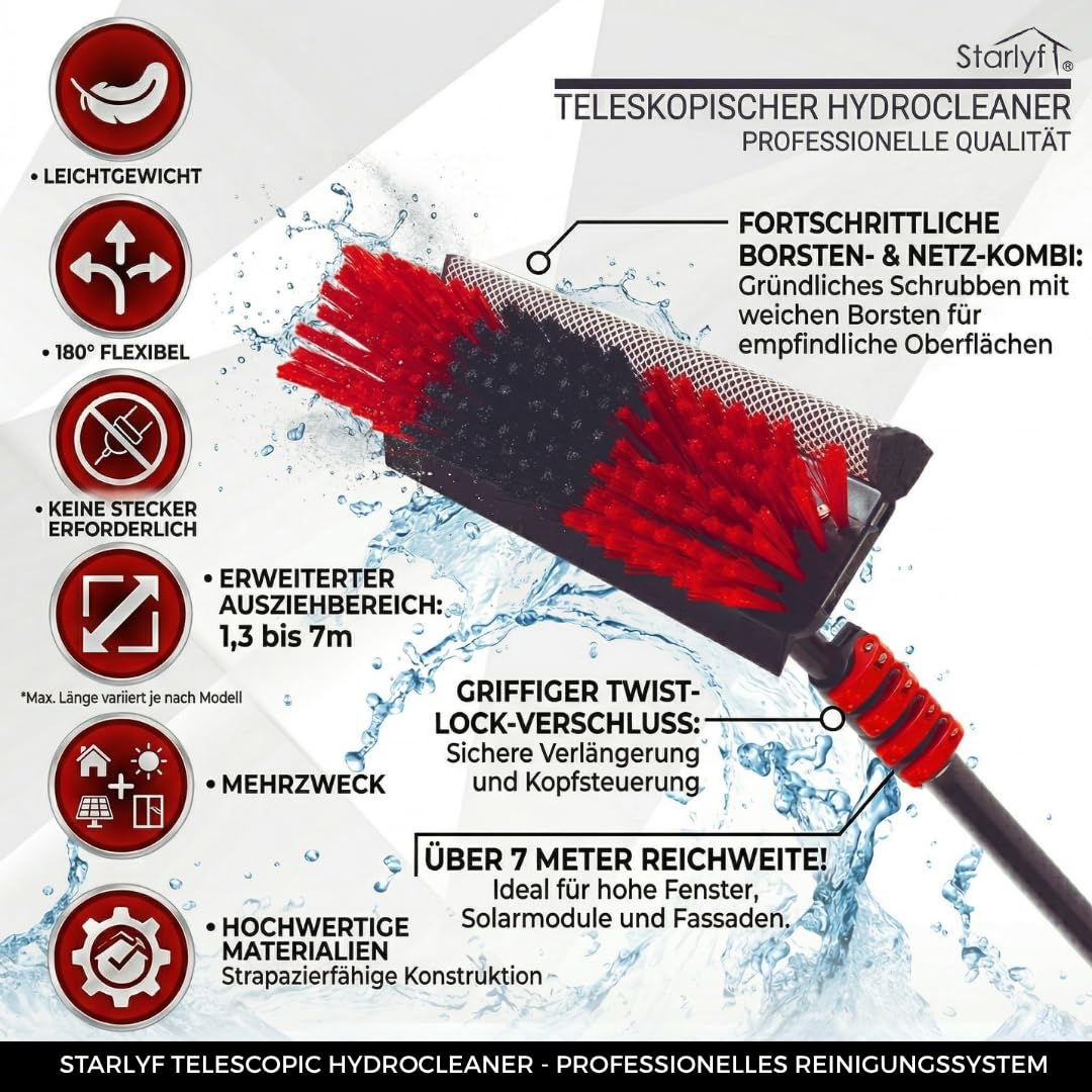 STARLYF Telescopic Hydrocleaner + Trockentuch, 90 x 60 cm, Reinigung von Solarplatten, Teleskopbesen für die Reinigung, Seifenspender, Glas, Waschen von LKW, Schildern, Booten (7 m)