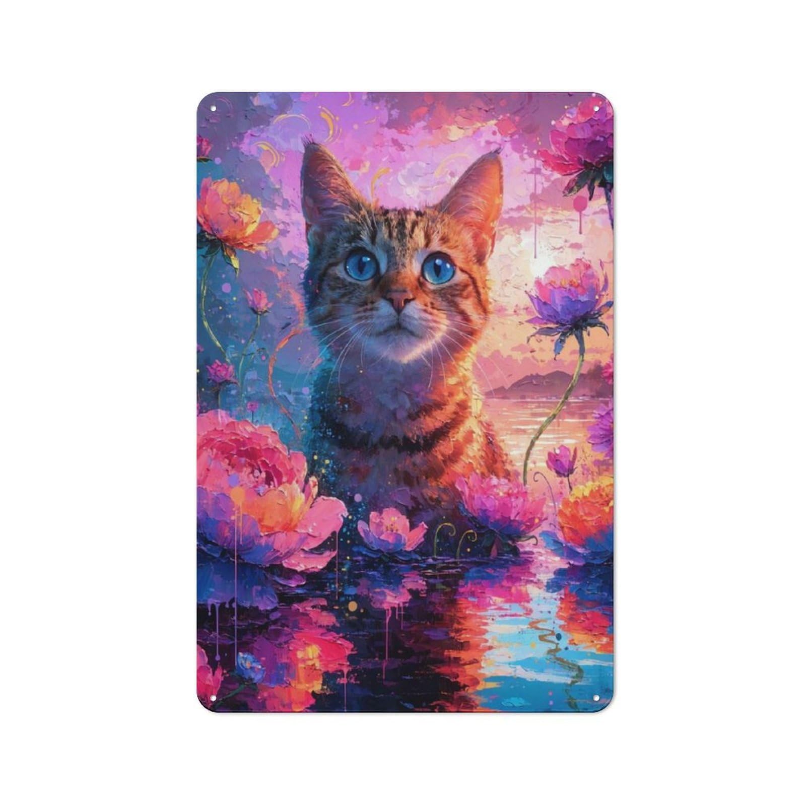Vintage Tin Sign 30x20cm with Cat Surrounded by Vibrant Flowers for Pub Or Café, for Hospitality Wall Decor Collectors