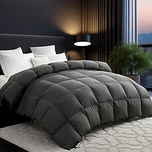 L LOVSOUL 75% Goose Down Fiber Comforter Queen Size, 750+ Fill Power Hotel Style Bedding Comforter, 1200TC, Fluffy Ultra Soft All Season Gery Duvet Insert with 8 Corner Tabs