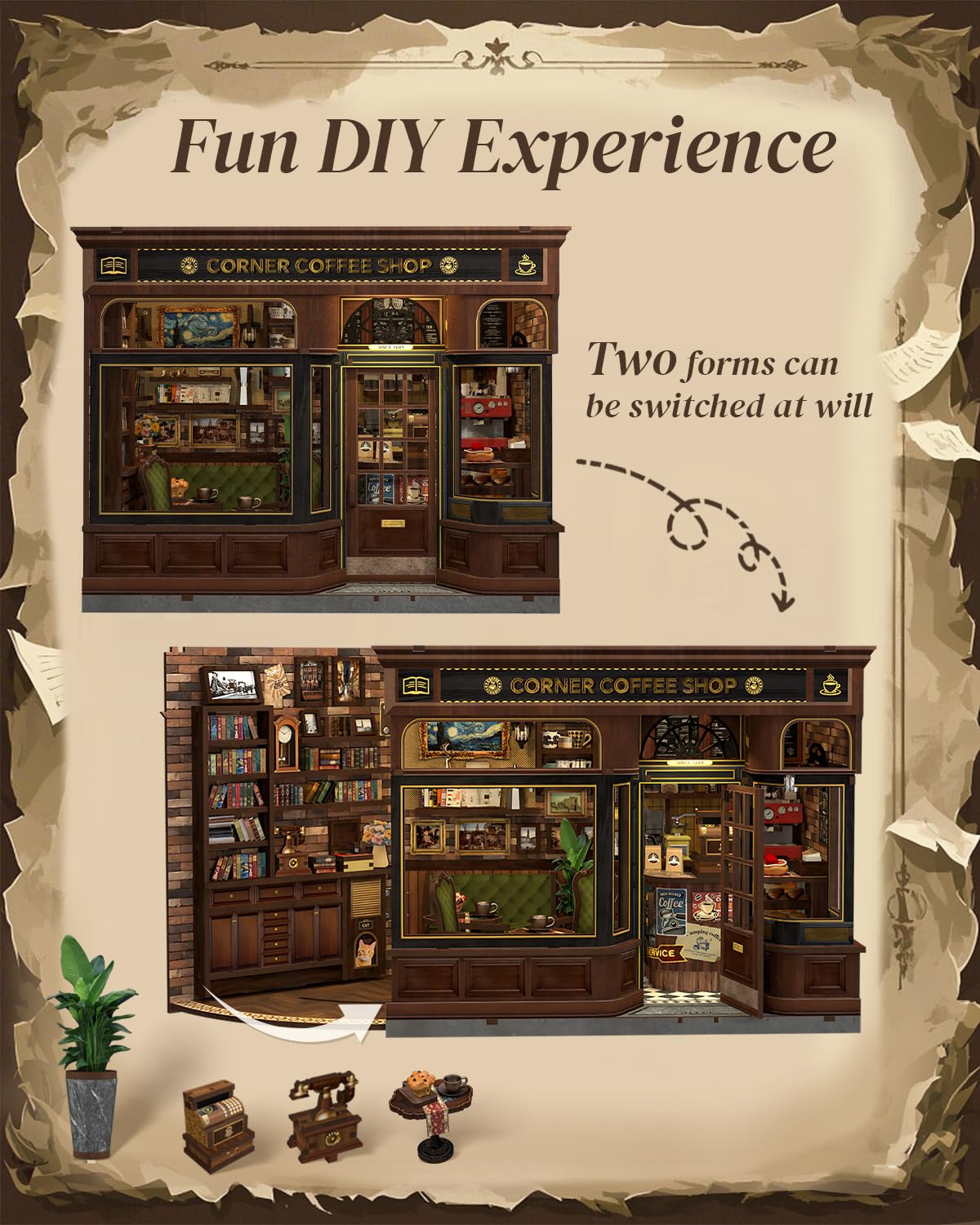 Cutefun Book Nook Kit - Case delle Bambole con Luci LED, Puzzle in Legno per Decorare Scaffali, Casetta DIY per Adulti e Adolescenti - Regalo Perfetto per gli Amanti del Caffè e del DIY